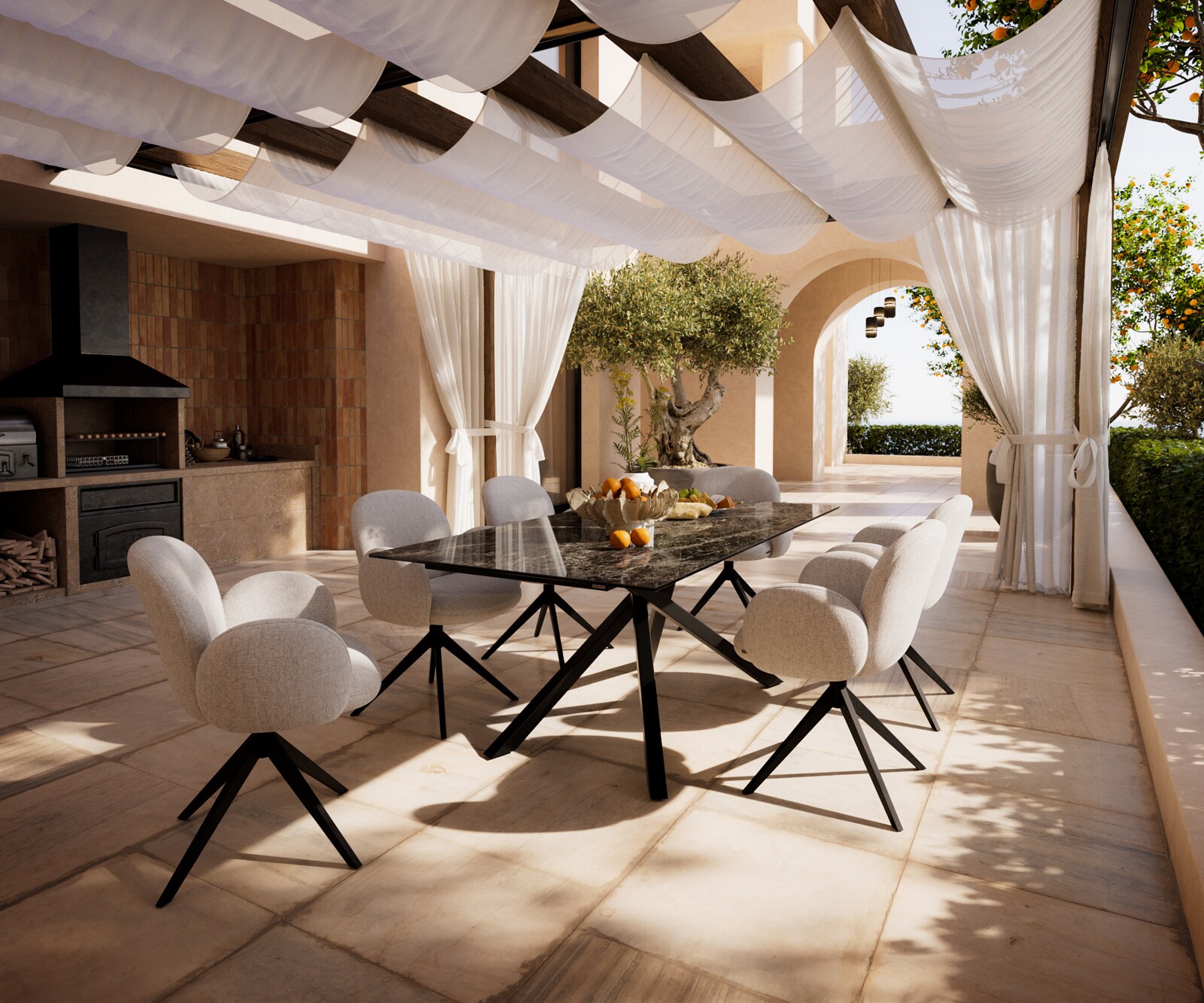 Table d’extérieur Edge 200x100 cm céramique Laminam® Emperador Extra Lucidato brun foncé piètement croisé rectangulaire noir 5