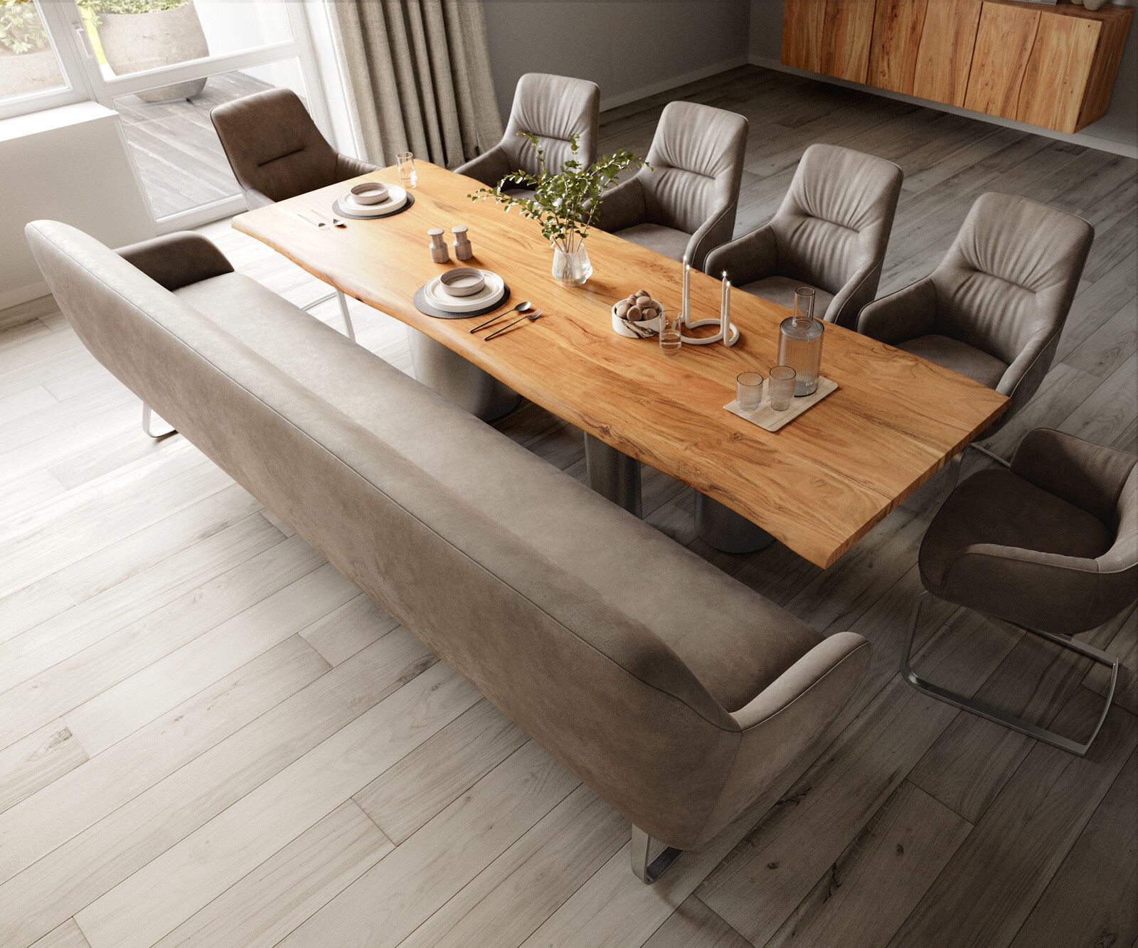 Banc-de-salle-à-manger Taya-Flex 300 cm microfibre taupe vintage châssis à patins plat acier inoxydable ressort ensaché 3