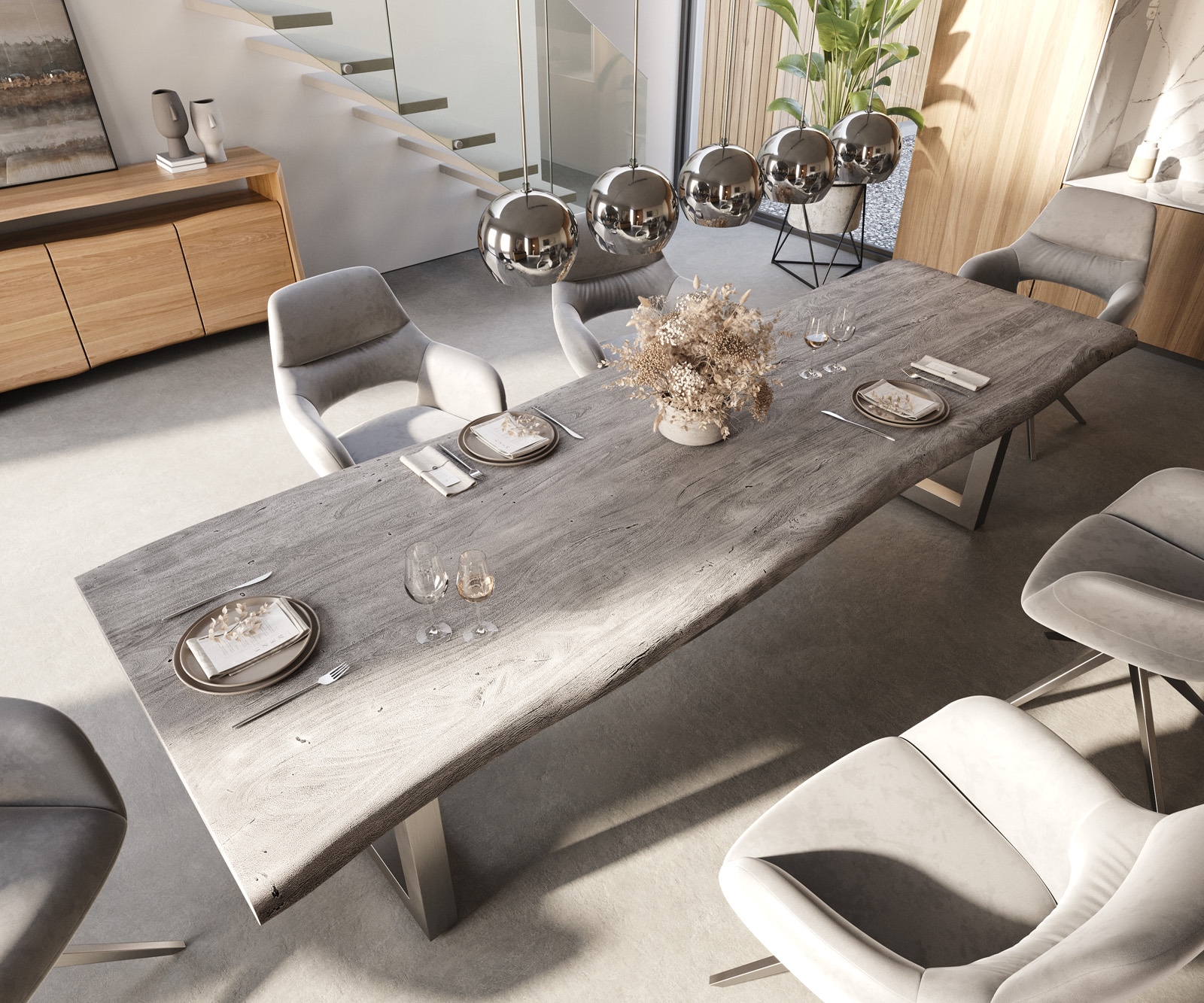 Esstisch Edge 300x100 XL Akazie Platin Edelstahl Breit Live-Edge 4 Esstisch Edge 300x100 XL Akazie Platin Edelstahl Breit Live-Edge 4