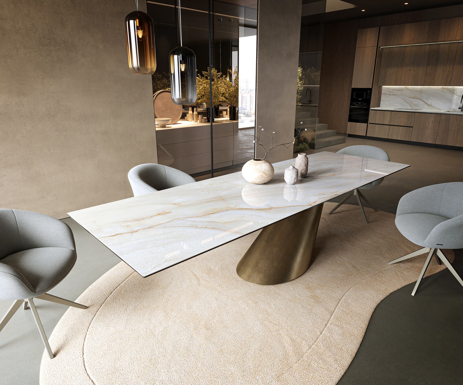 Table à manger Edge 300x100 cm céramique Onyx Pearl Cono métal doré