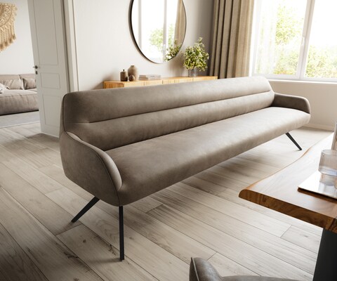 Esszimmerbank Taya-Flex 300 cm Mikrofaser Taupe Vintage Kreuzgestell kantig Schwarz Taschenfederkern