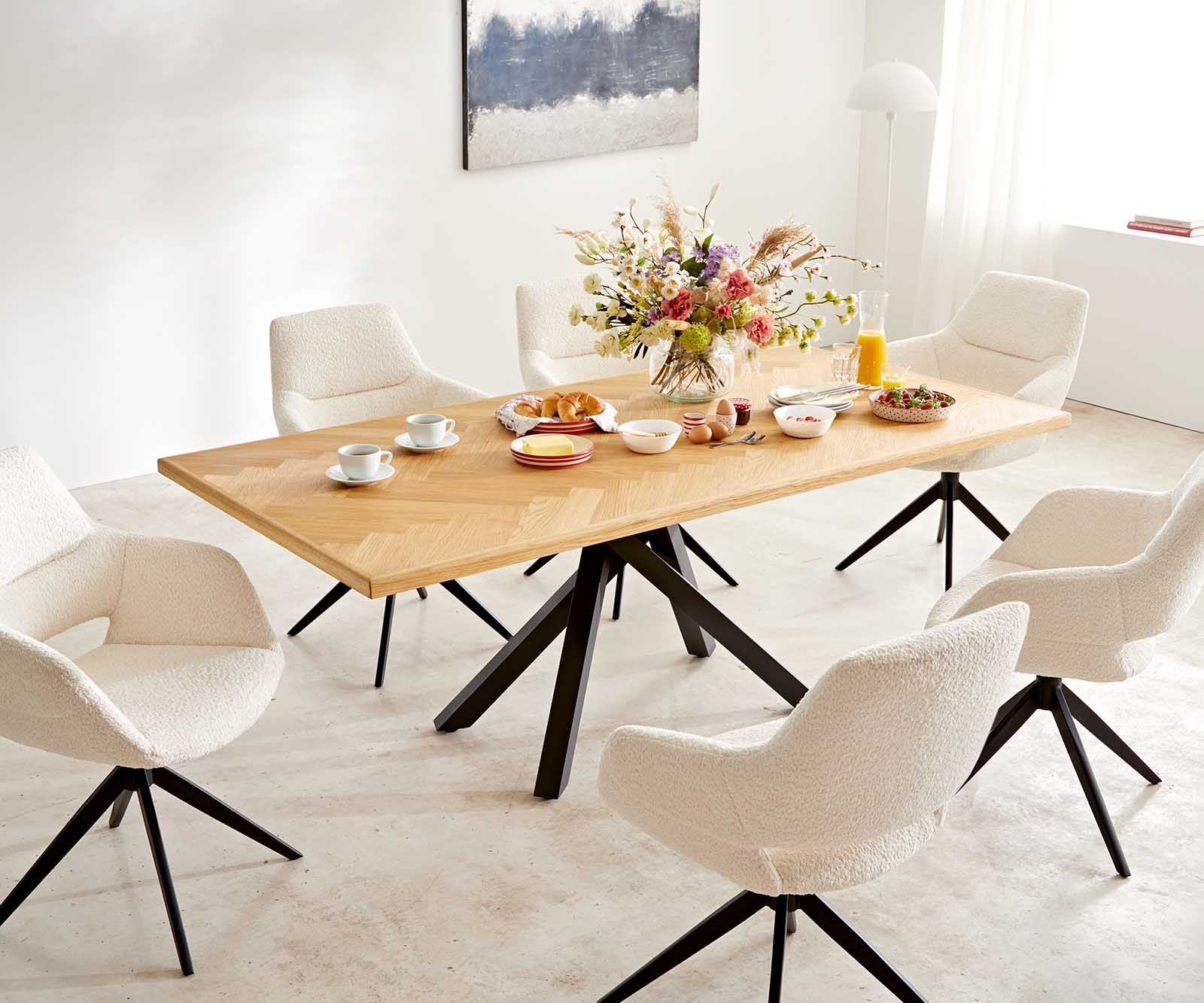 Drehstuhl Yago-Flex mit Armlehnen Bouclé Weiß Kreuzgestell breit Schwarz 360° drehbar Taschenfederkern 6 Drehstuhl Yago-Flex mit Armlehnen Bouclé Weiß Kreuzgestell breit Schwarz 360° drehbar Taschenfederkern 6