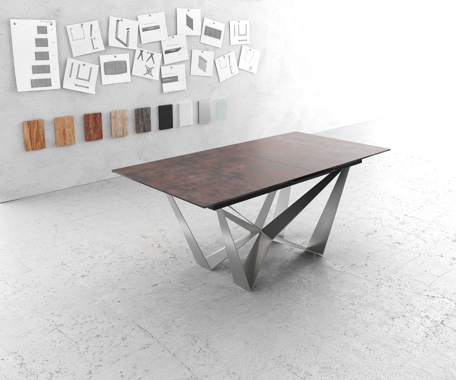 Table-à-manger Edge 180-220x90cm verre Antique-marron pieds milieu acier plat argent 1 Table-à-manger Edge 180-220x90cm verre Antique-marron pieds milieu acier plat argent 1