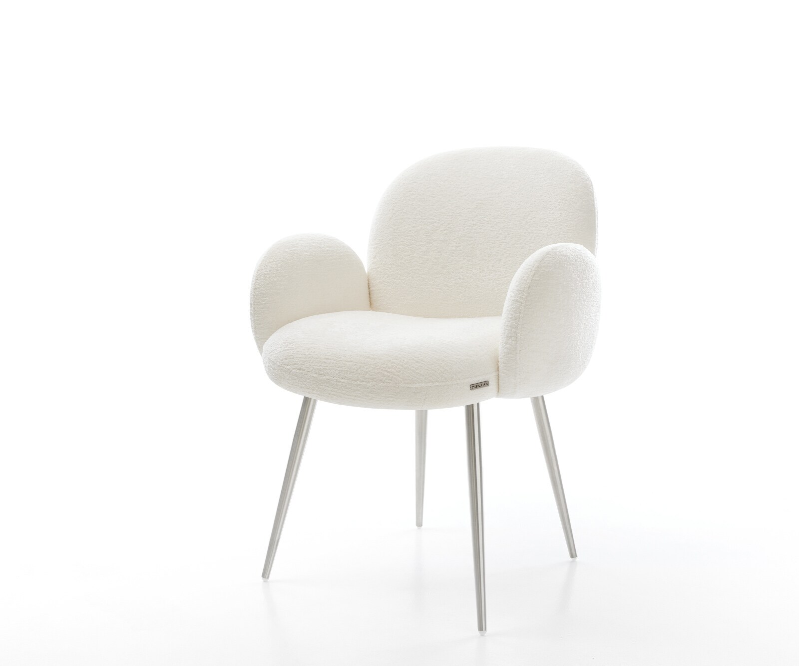 Esszimmerstuhl Nube-Flex mit Armlehnen Bouclé Soft Beige 4-Fuß konisch Edelstahl Taschenfederkern 1