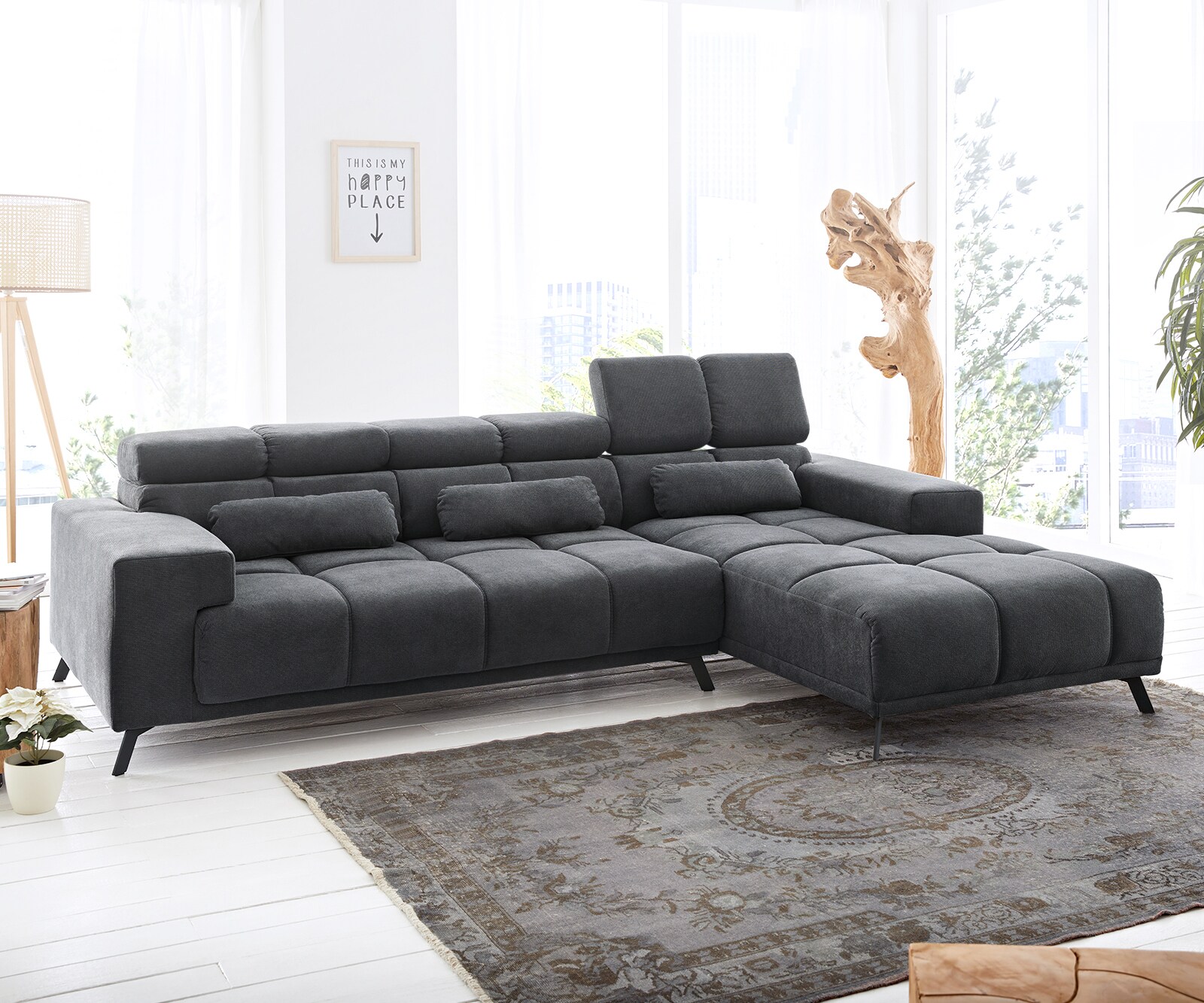 Canapé-d'angle Ordino 285x200 microfibre noir ottomane droite réglage électrique de la profondeur d'assise 1