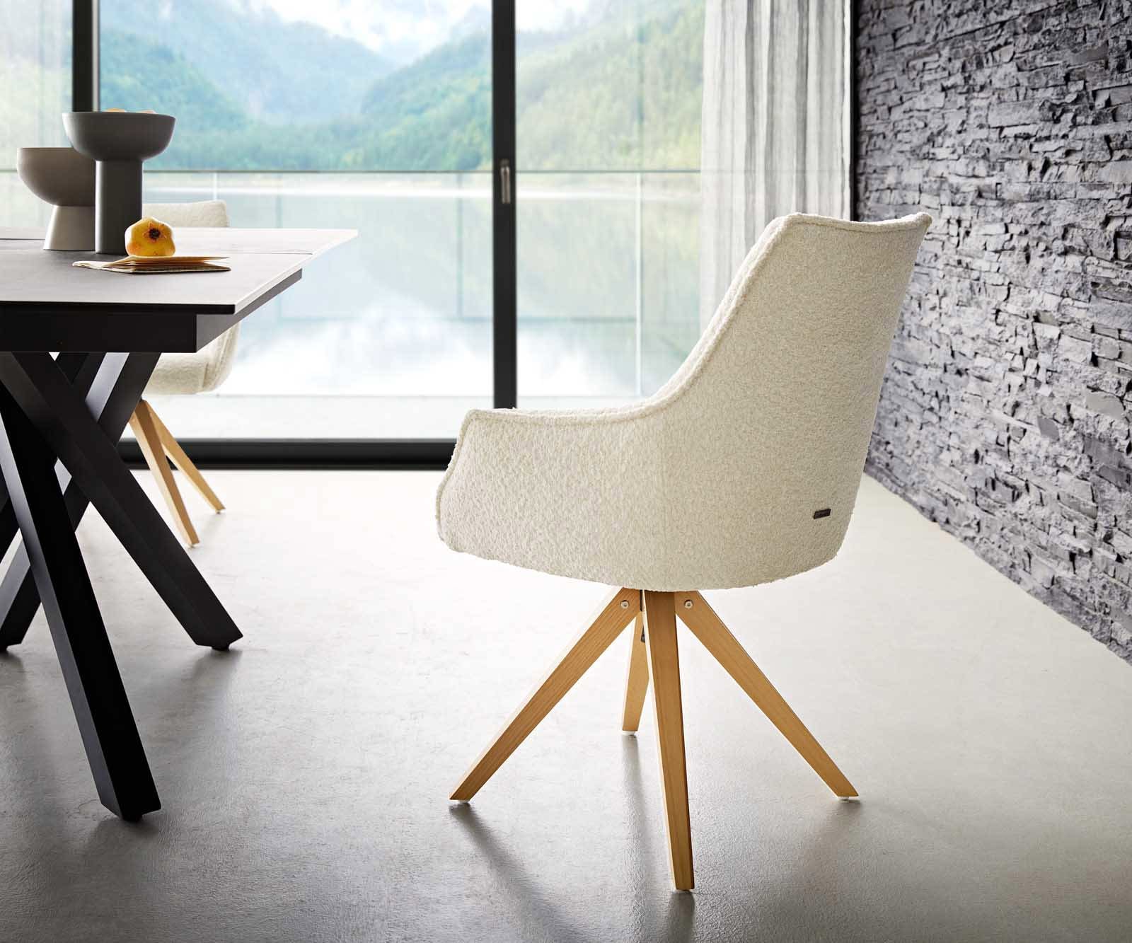 Drehstuhl Alja-Flex mit Armlehnen Bouclé Weiß Holzgestell kantig Natur 180° drehbar Taschenfederkern 4 Drehstuhl Alja-Flex mit Armlehnen Bouclé Weiß Holzgestell kantig Natur 180° drehbar Taschenfederkern 4