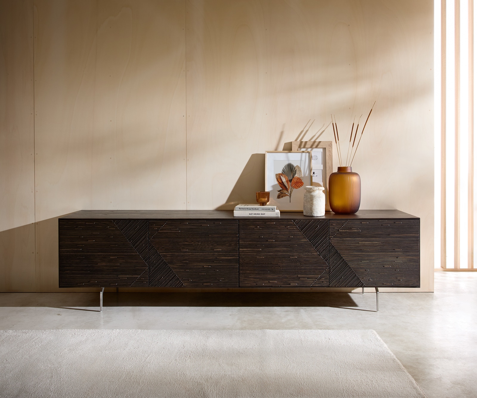 Lowboard Tereos 220 cm Esche Dunkelbraun 3D Effekt 4 Türen Winkelfuß Edelstahl gebürstet 1 Lowboard Tereos 220 cm Esche Dunkelbraun 3D Effekt 4 Türen Winkelfuß Edelstahl gebürstet 1