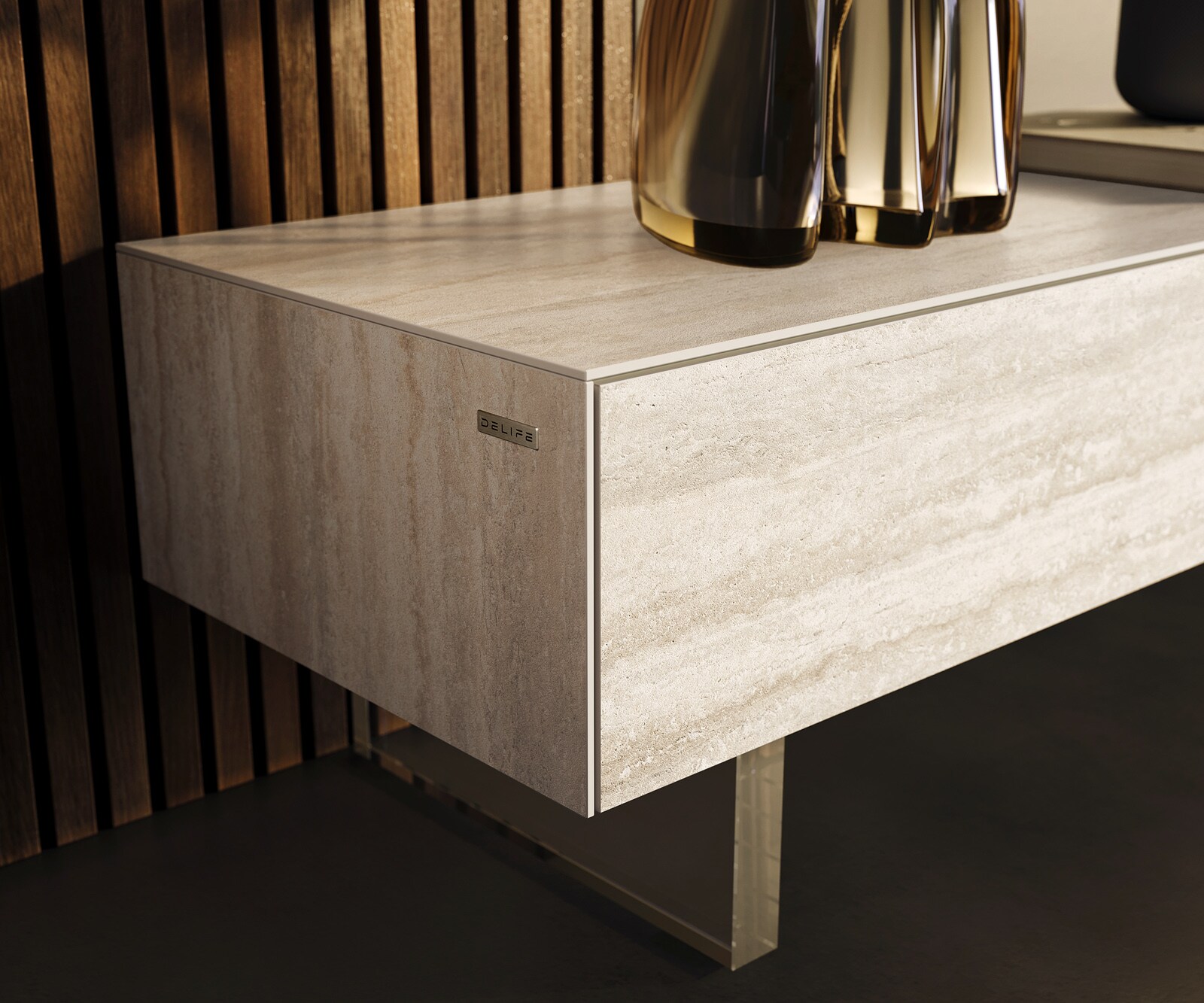 Meuble-TV Cuor 200 cm Céramique Laminam® Travertino Bianco Crème-blanc 1 Clapet 1 Tiroir Pied optique flottant Verre acrylique 5