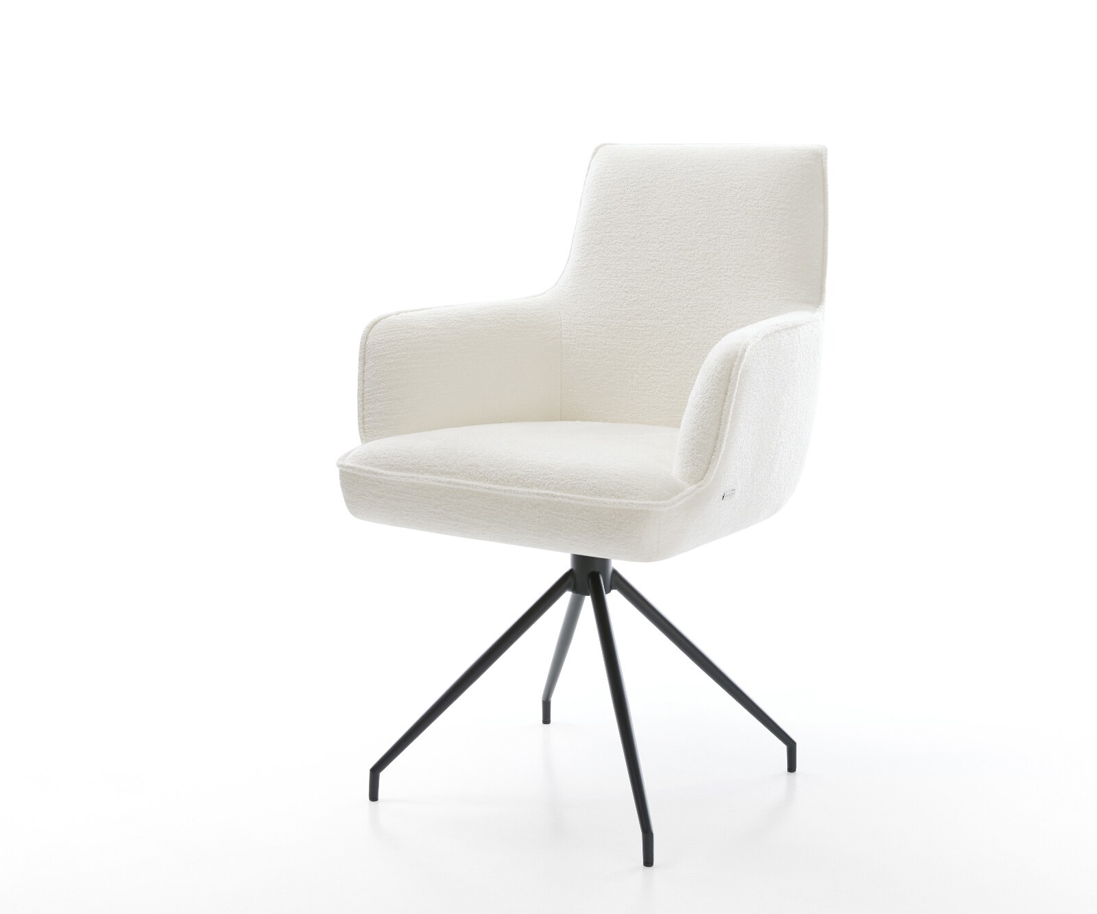 Esszimmerstuhl Heira-Flex mit Armlehnen Bouclé Soft Beige Kreuzgestell konisch Schwarz Taschenfederkern