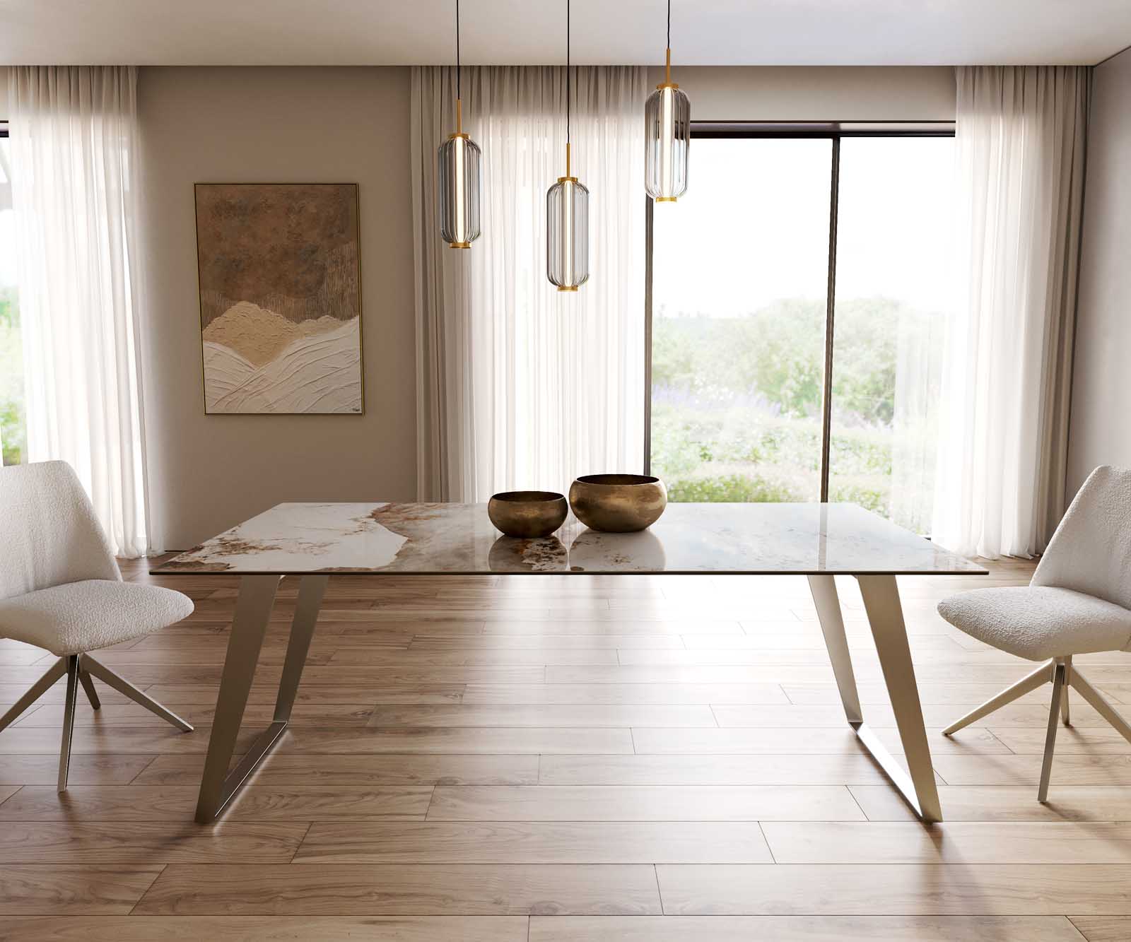 Table à manger Edge 200x100 céramique Minas mélange blanc-beige acier inoxydable incliné 1