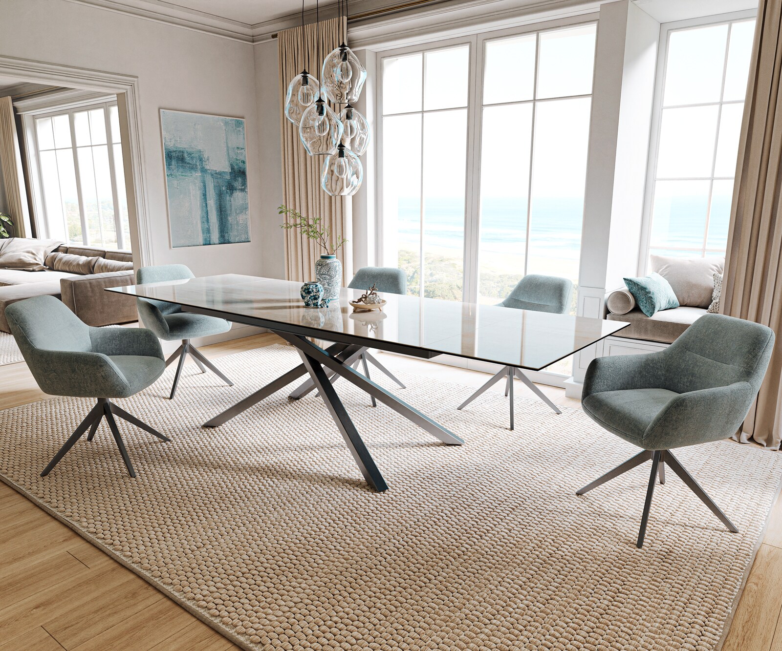 Esstisch Edge 200-300x100 cm Keramik Onyx Champagne Kreuzgestell Rechteck Edelstahl Graphit ausziehbar 6