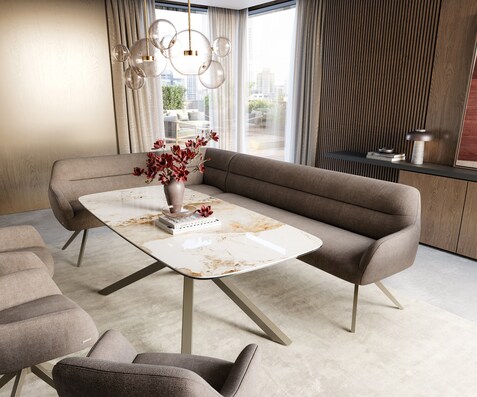 Esszimmerbank Taya-Flex 285x190 cm Strukturstoff Soft Taupe Kreuzgestell kantig Effektfinish Titan Taschenfederkern Links