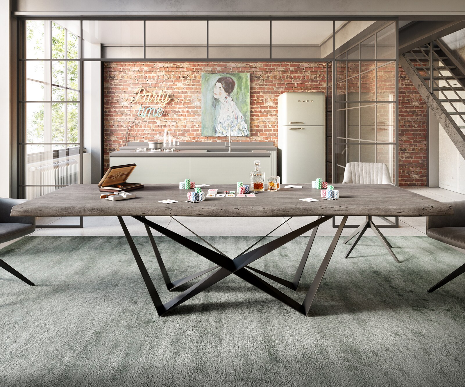 Esstisch Edge 260x100 XL Akazie Platin Spider Flachstahl Schwarz Live-Edge 5