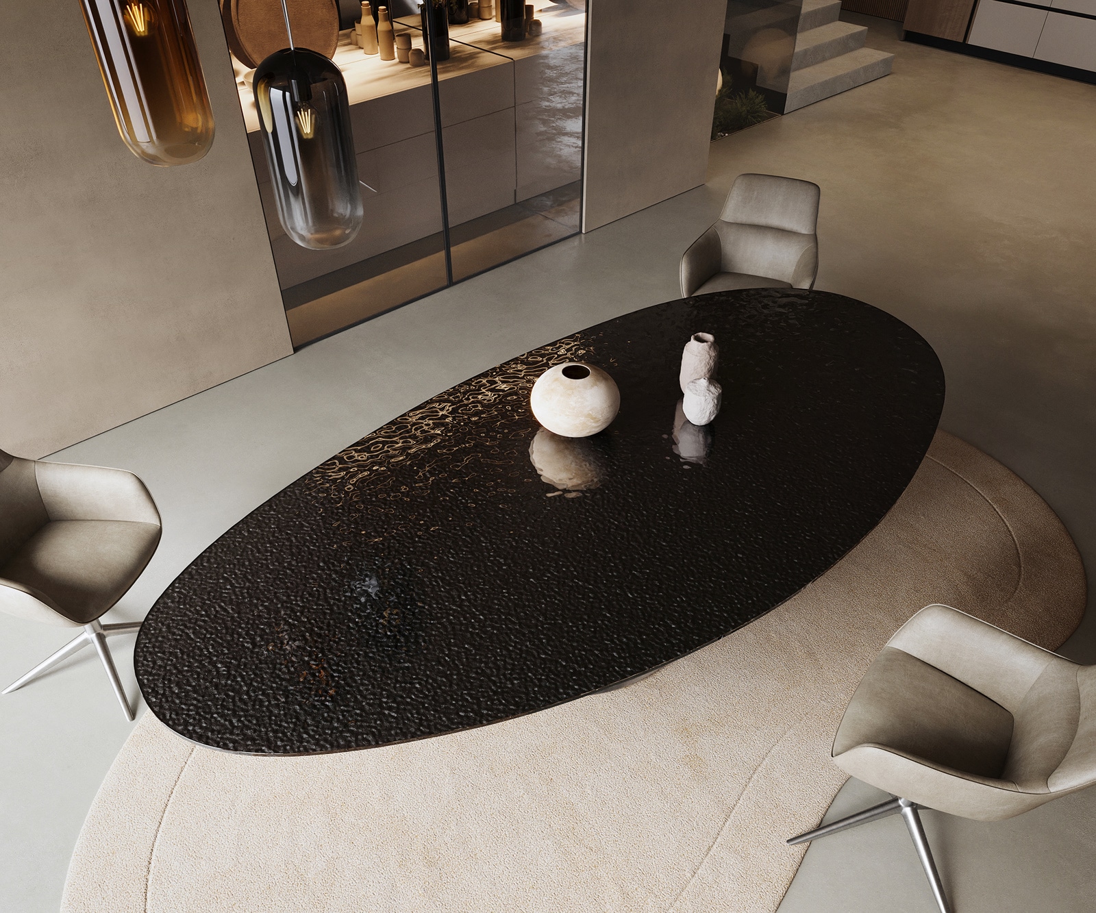 Esstisch Edge Oval 280x130 Reliefglas Rauchschwarz 3D-Design Cono Metallic Silber 4