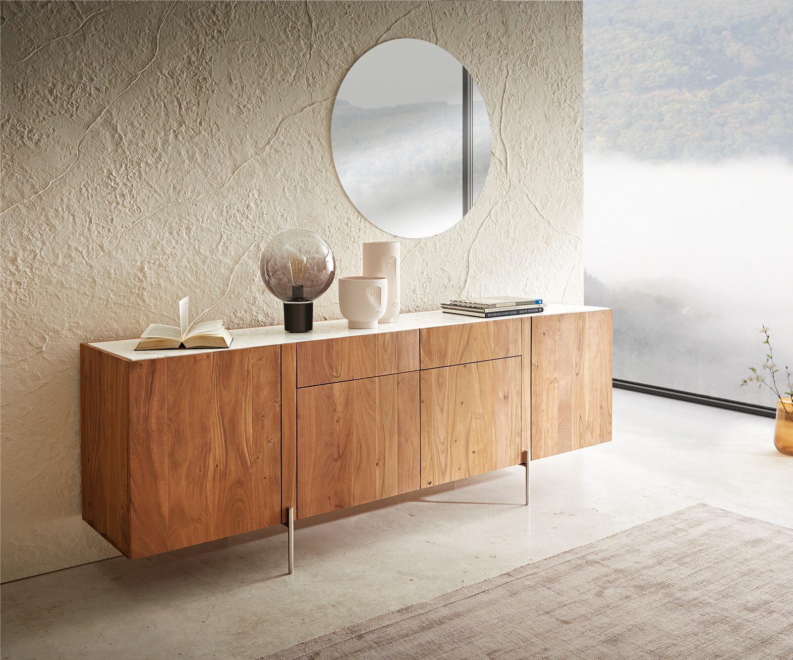 Buffet Secara 200 cm acacia naturel 4 portes 2 tiroirs marbre pieds inoxydable 1