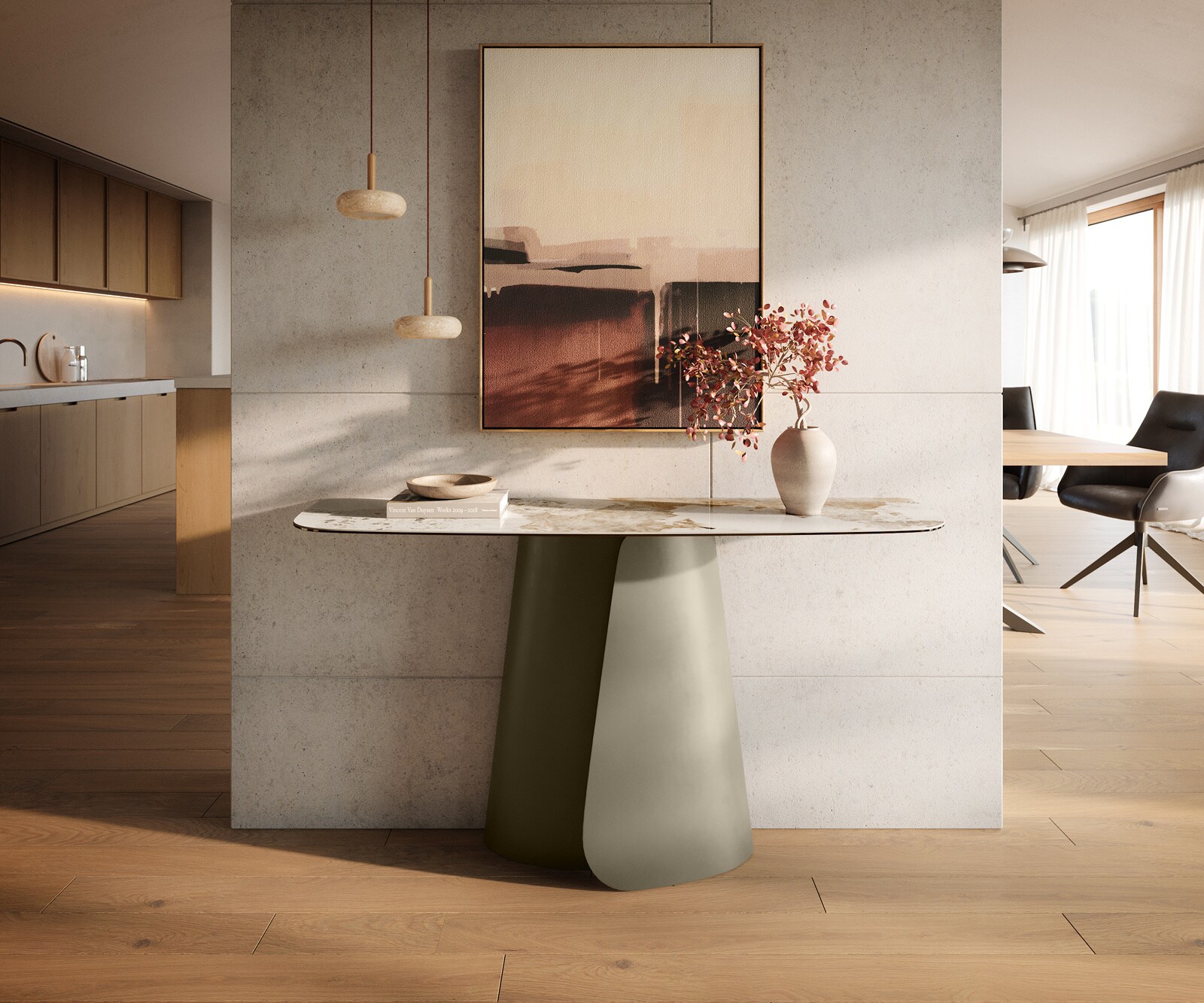 Konsolentisch Edge Boot 140x40 cm Keramik Minas Melange Weiß-Beige Livos Metall Effektfinish Titan 1