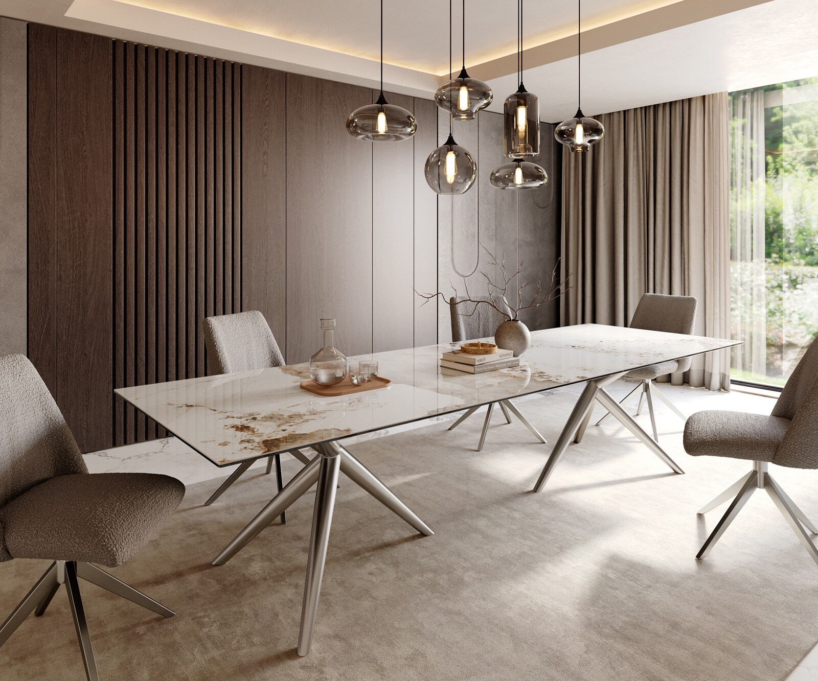 Esstisch Edge 300x100 Keramik Minas Melange Weiß-Beige Estelar rund Edelstahl 1