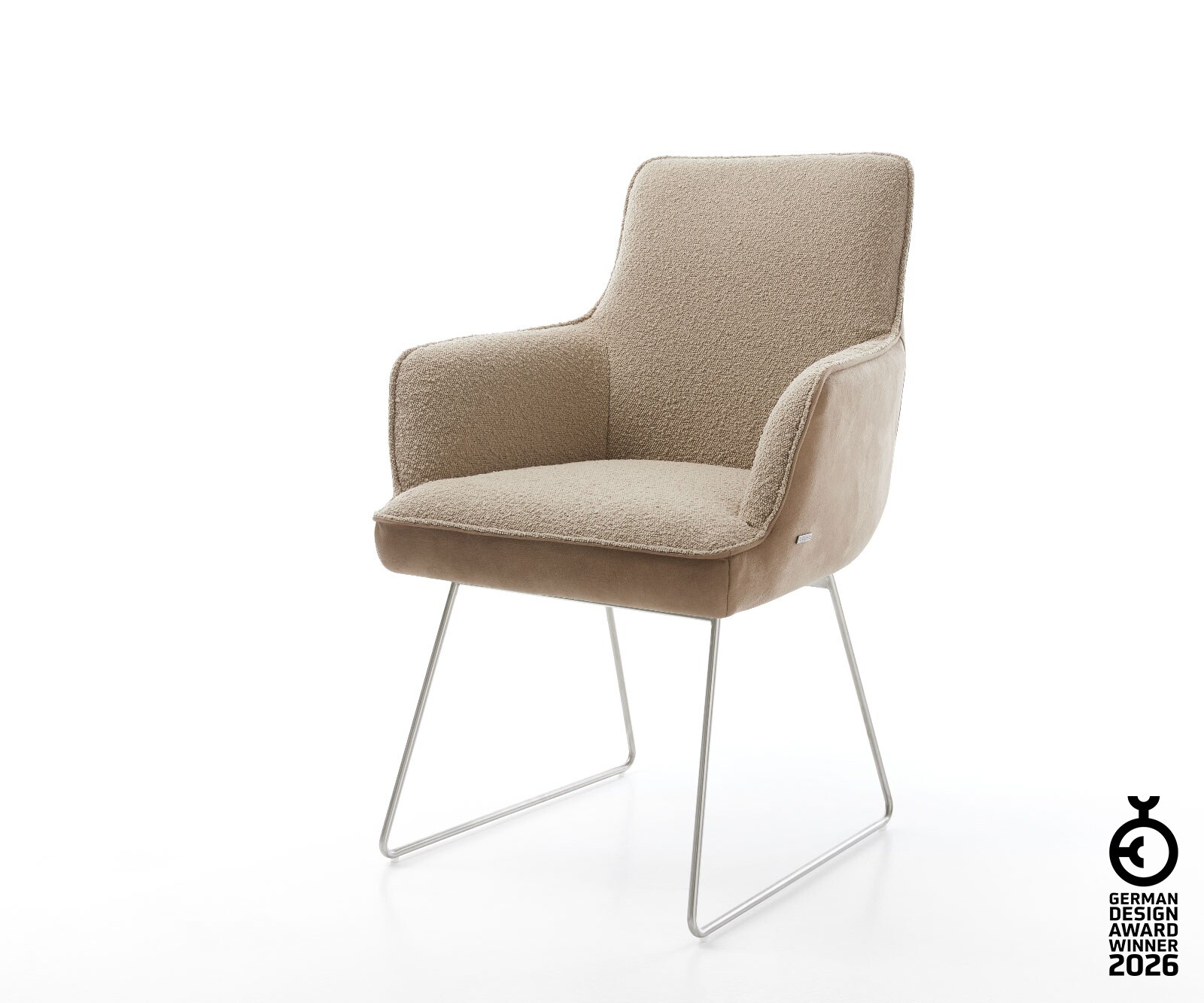 Chaise-de-salle-à-manger Heira-Flex avec accoudoirs tissu mixte couleur boue pied trapèze acier inoxydable brossé ressorts ensachés 1