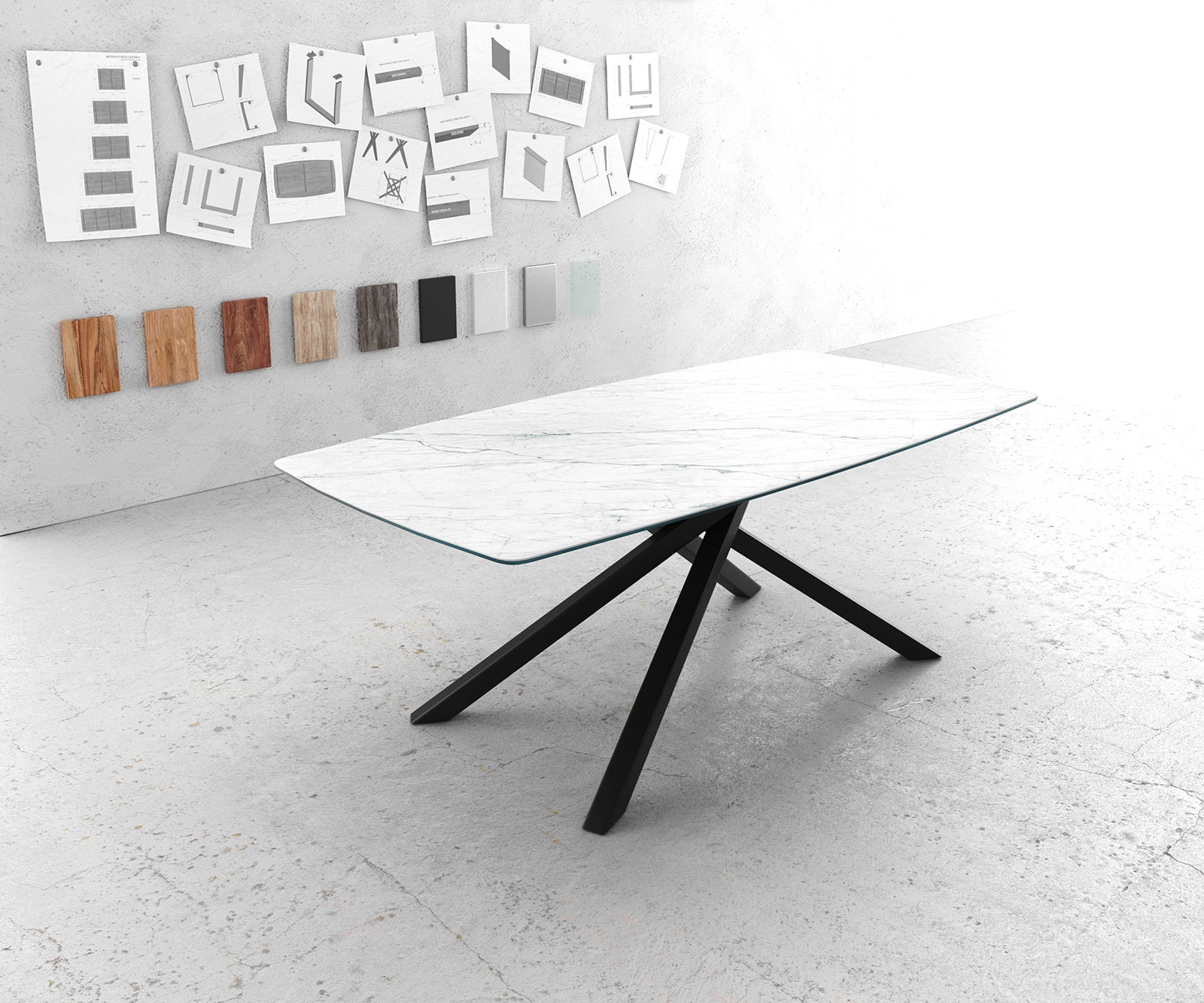 Esstisch Edge Bootsform 200x100cm Keramik Laminam®Statuarietto Weiß Mittelfuß Kreuz Schwarz Esstisch Edge Bootsform 200x100cm Keramik Laminam®Statuarietto Weiß Mittelfuß Kreuz Schwarz