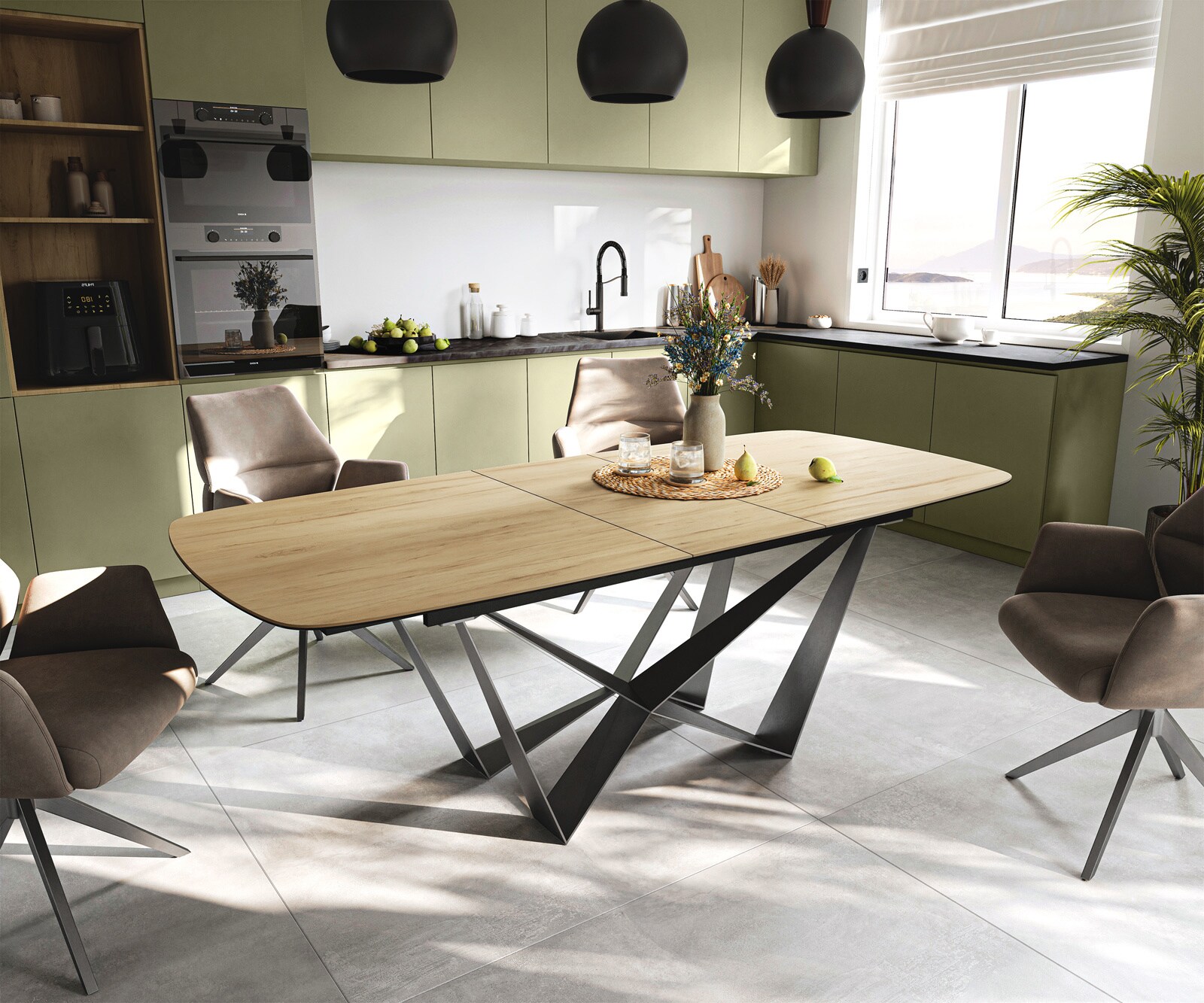 Esstisch Edge Boot 180-220x100 cm Keramik Laminam® Sabbia Eichefarbig Spider Flachstahl Edelstahl Graphit ausziehbar