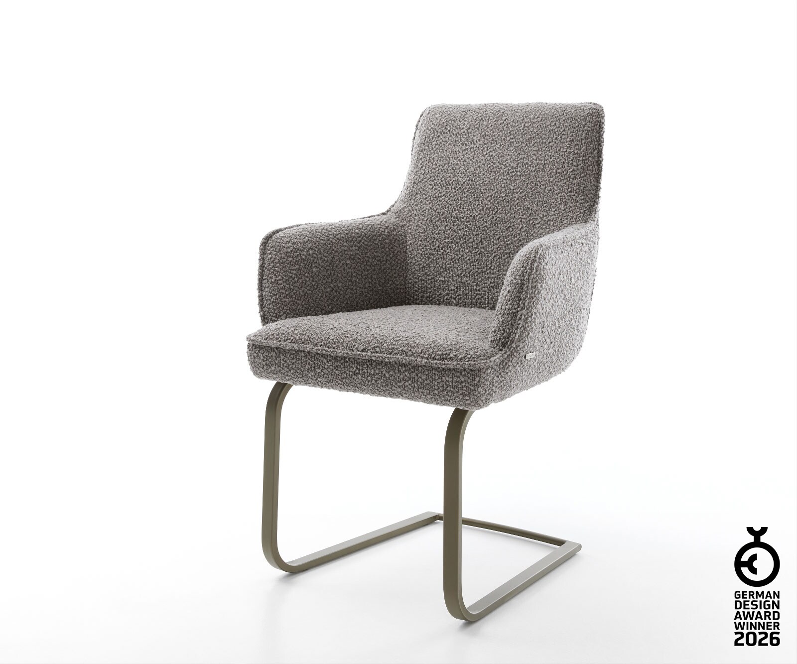 Cantilever Heira-Flex avec accoudoirs bouclé gris argenté pied cantilever plat aspect titane ressorts ensachés