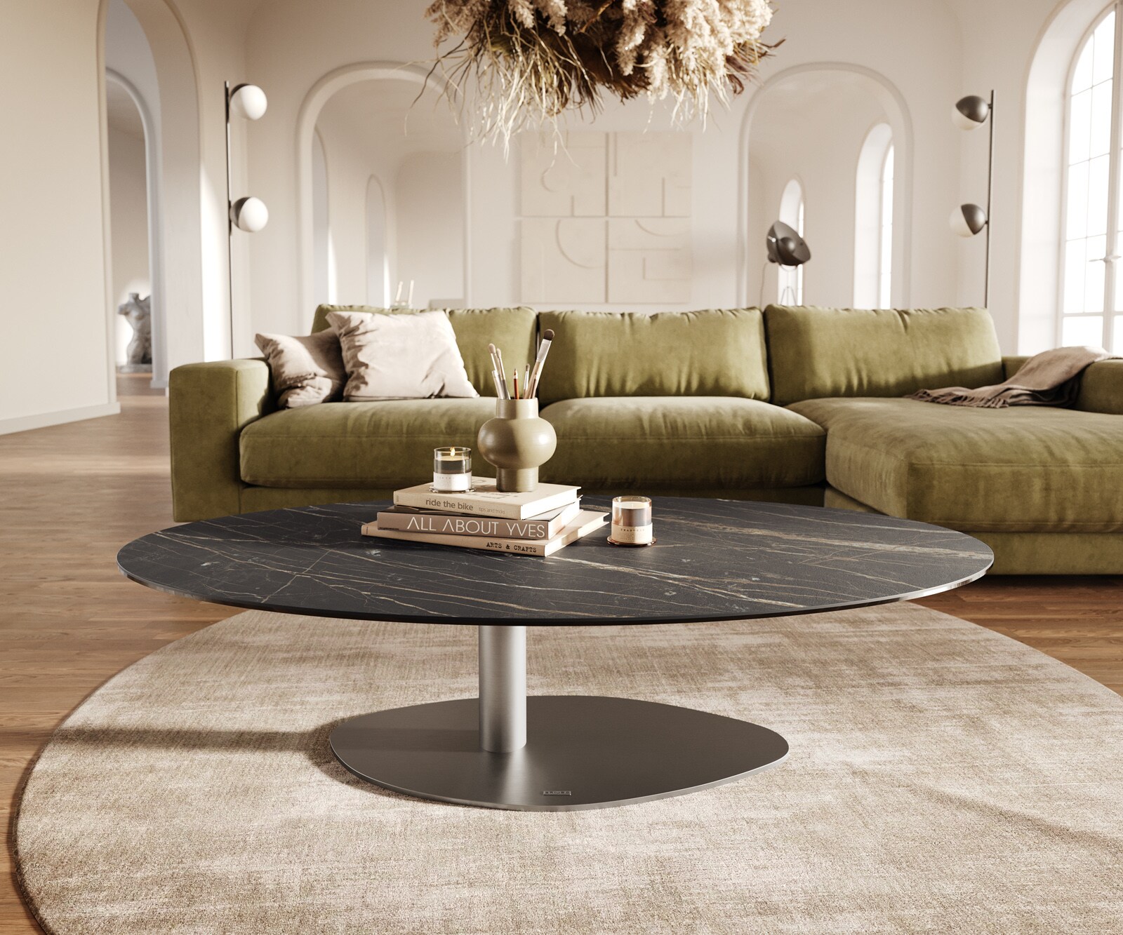 Table basse Edge Oval 140x80 cm céramique Laminam® Noir Desir brun Vibany acier inoxydable brossé 1