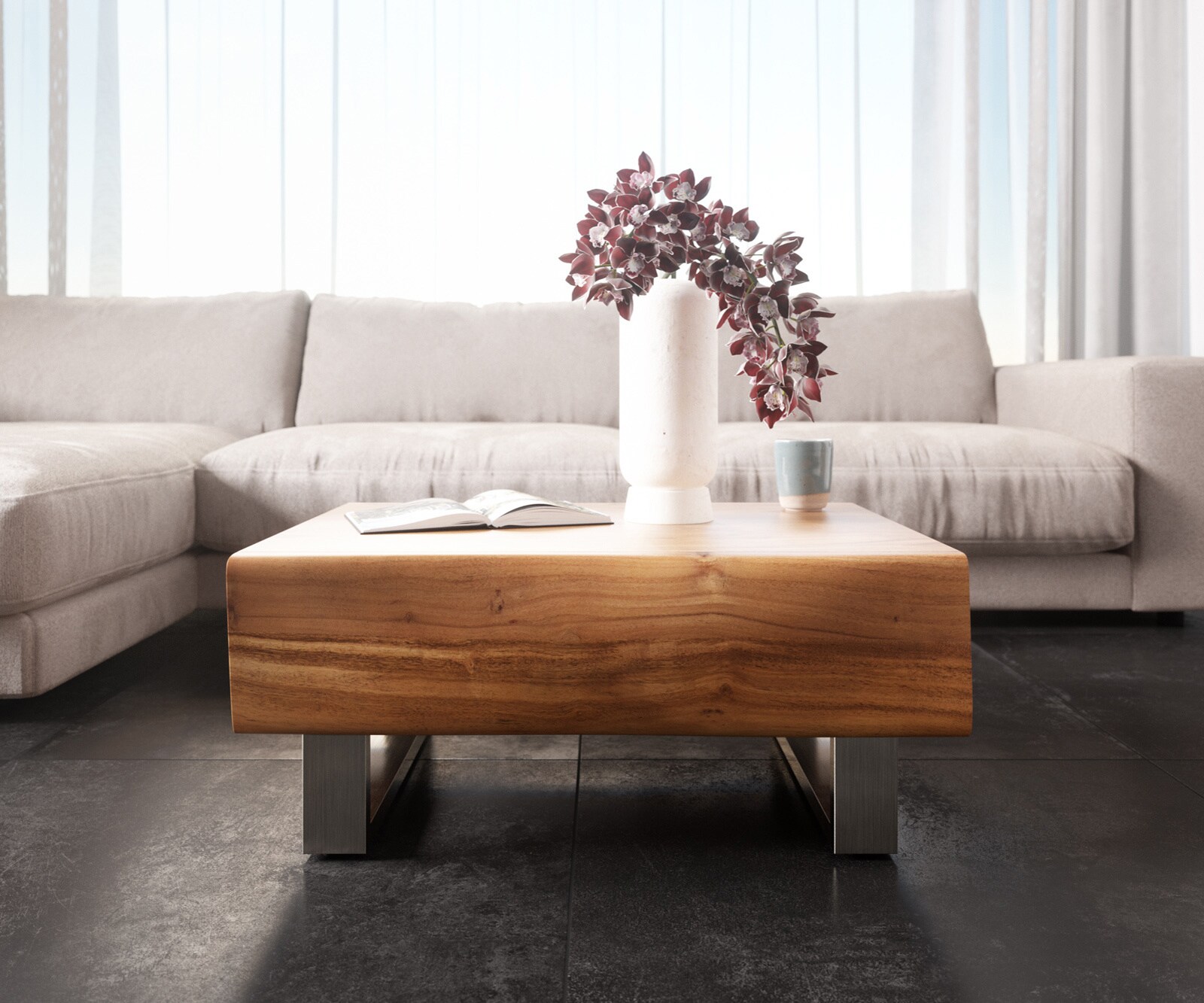 Table-basse New Live-Edge 80x60 cm acacia naturel 2 tiroirs patin inoxydable brossé 1