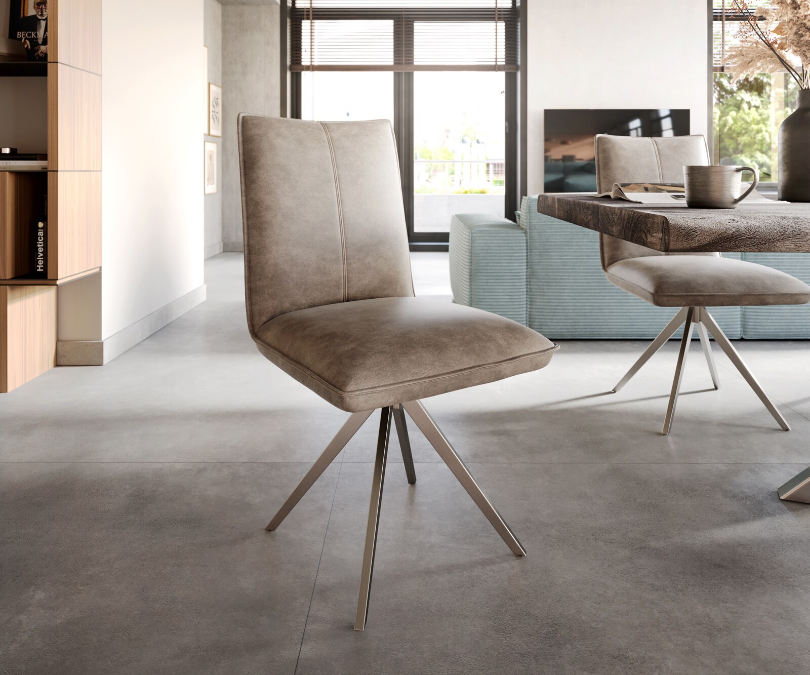 Drehstuhl Lelio-Flex Taupe Vintage Kreuzgestell breit Edelstahl 360° drehbar Taschenfederkern