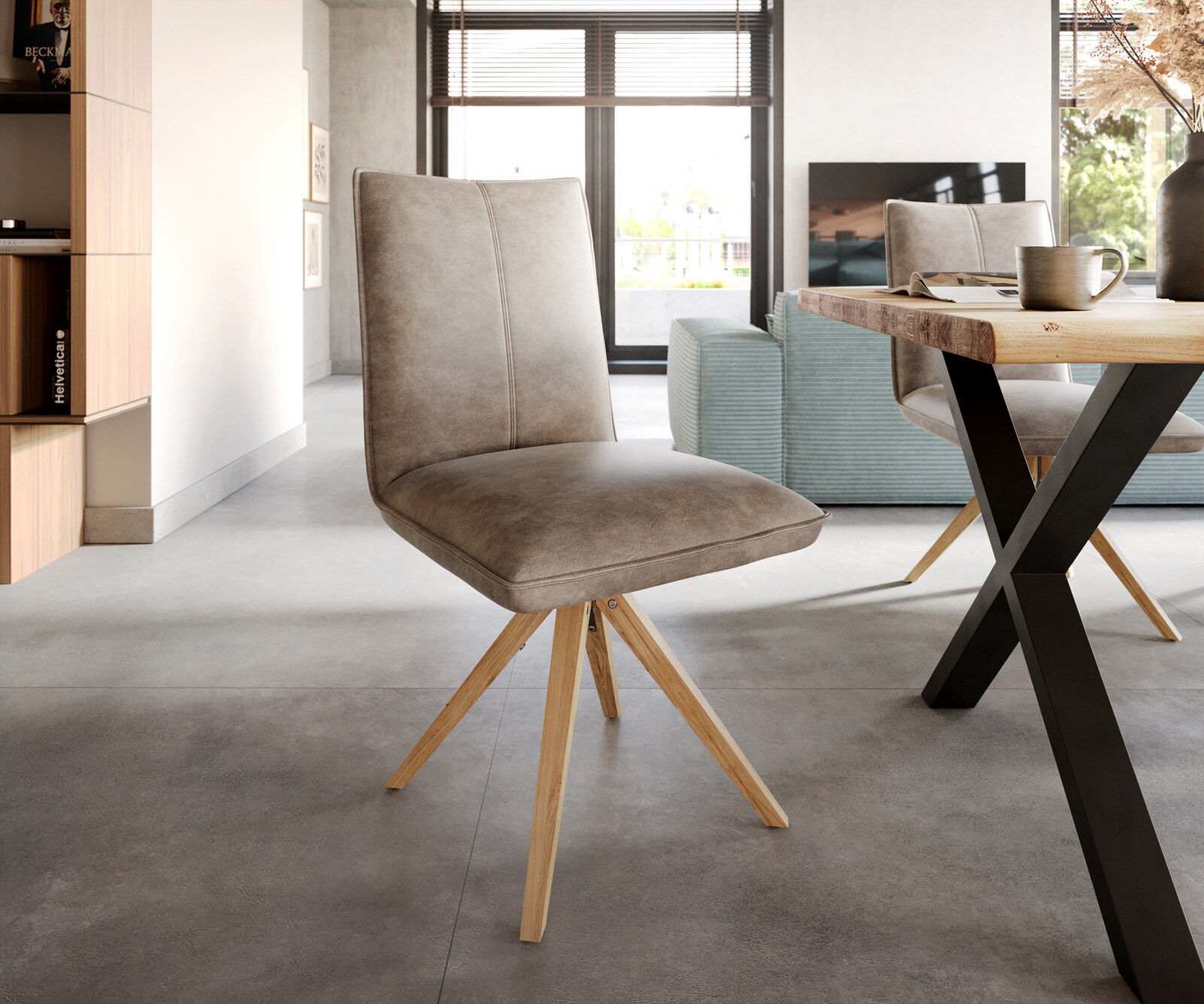 Esszimmerstuhl Lelio-Flex Mikrofaser Taupe Vintage Holzgestell kantig Natur 360° drehbar Taschenfederkern 1