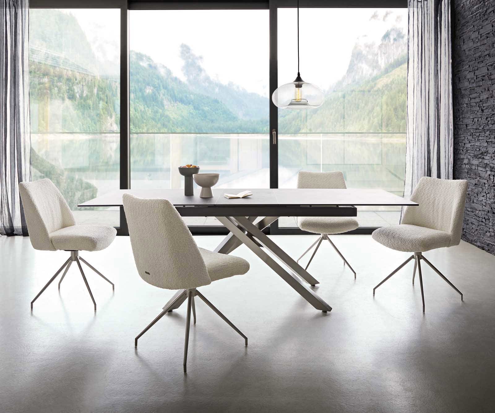 Drehstuhl Elso-Flex Bouclé Weiß Kreuzgestell konisch Edelstahl 180° drehbar Taschenfederkern 5 Drehstuhl Elso-Flex Bouclé Weiß Kreuzgestell konisch Edelstahl 180° drehbar Taschenfederkern 5