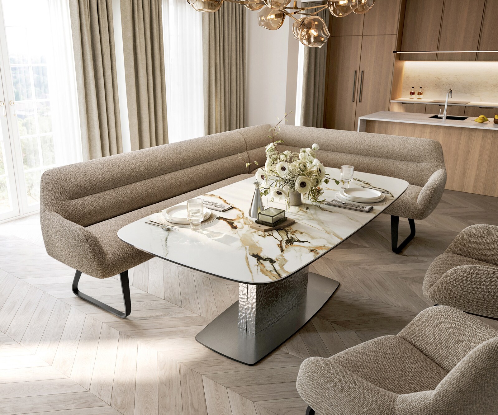 Esszimmerbank Taya-Flex 285x190 cm Bouclé Schlamm Kufengestell flach Schwarz Taschenfederkern Links