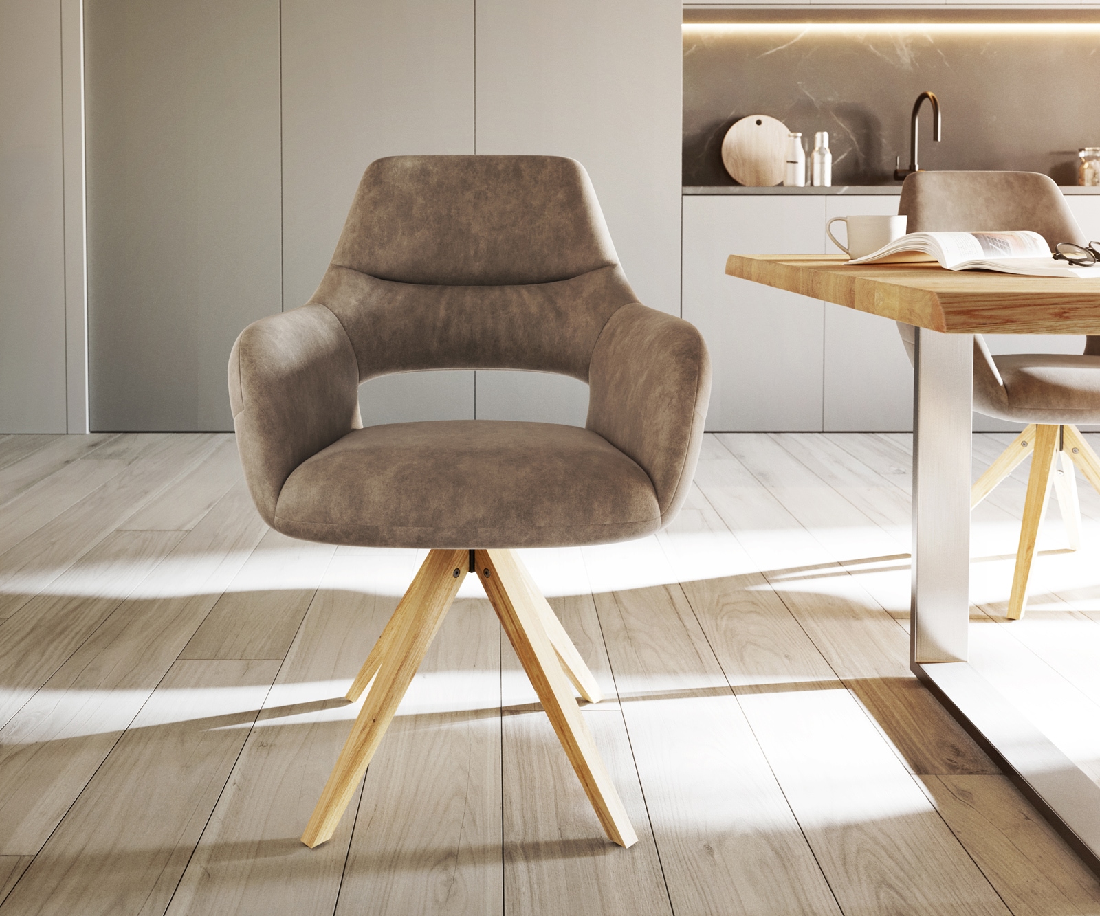 Esszimmerstuhl Yago-Flex mit Armlehnen Mikrofaser Taupe Vintage Holzgestell kantig Natur Taschenfederkern 2 Esszimmerstuhl Yago-Flex mit Armlehnen Mikrofaser Taupe Vintage Holzgestell kantig Natur Taschenfederkern 2