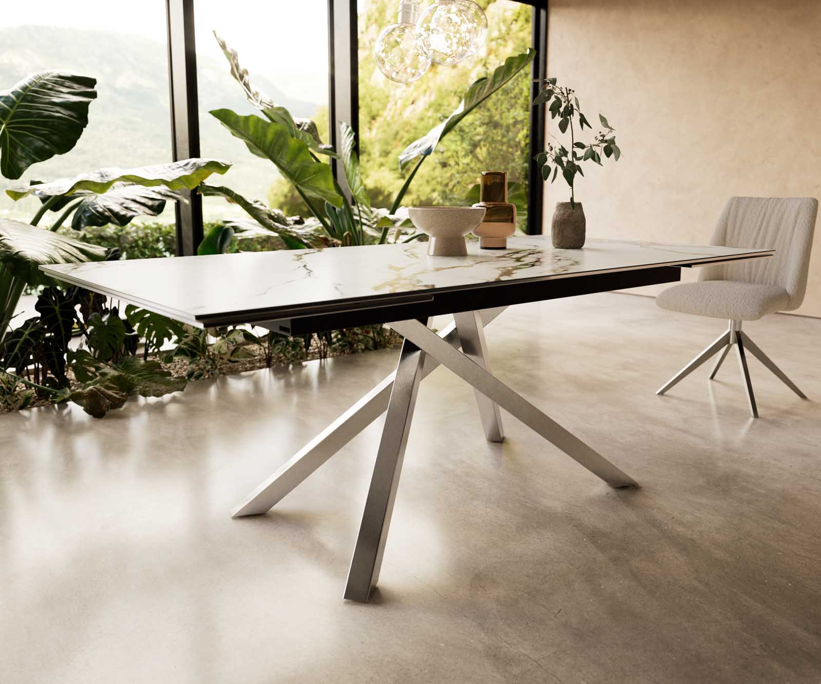 Esstisch Edge 200-300x100 Keramik Calacatta Luxe Weiß-Gold-Grau Kreuzgestell Rechteck Edelstahl ausziehbar 7