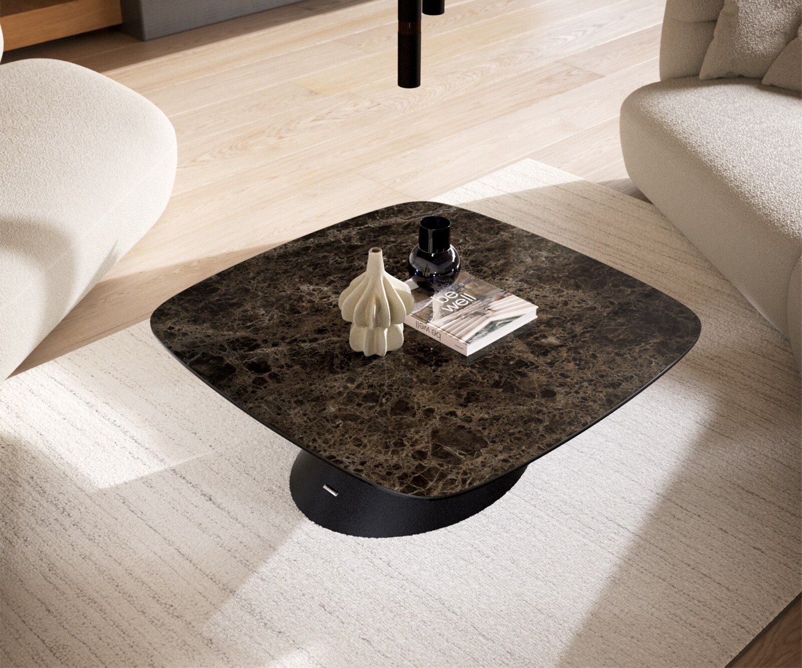 Table basse Edge bateau 90x90 cm céramique Emperador Extra Lucidato brun foncé Conis métal noir 4