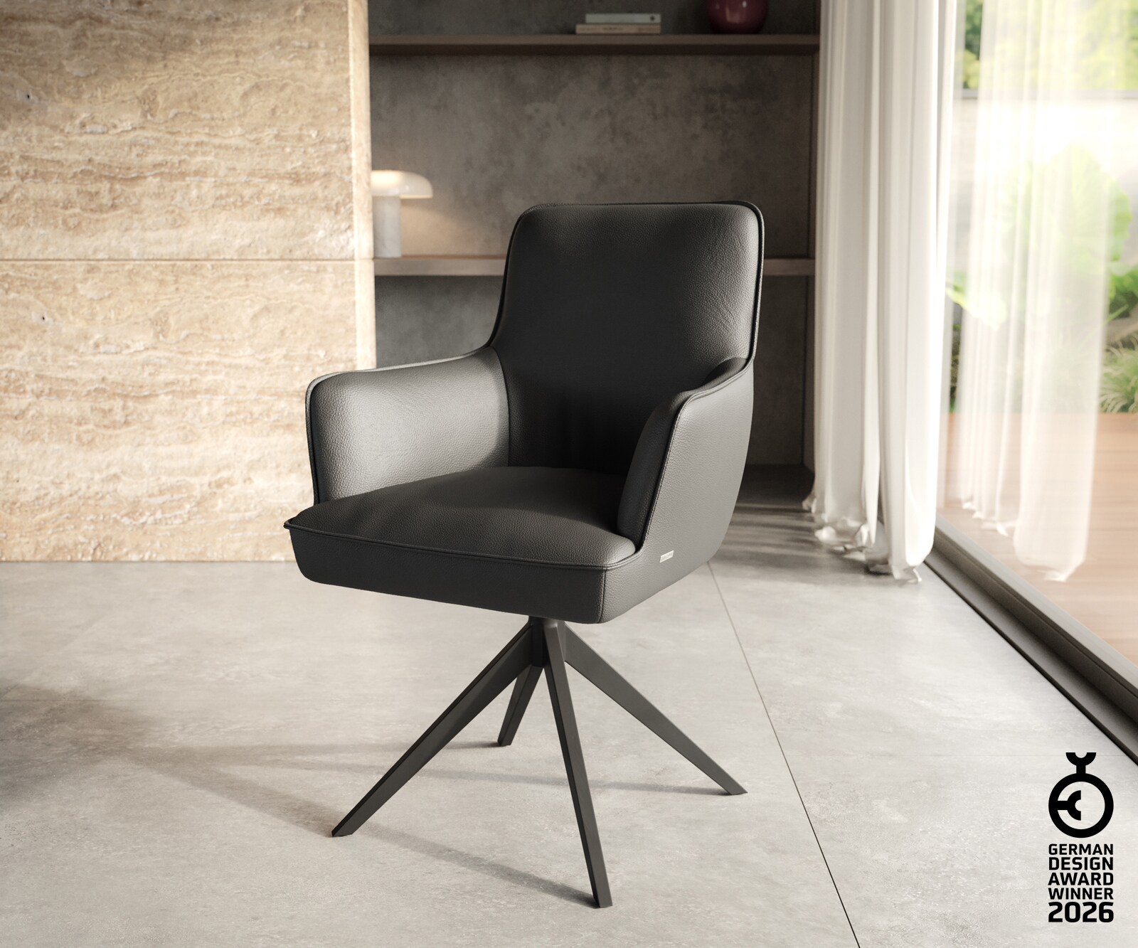 Chaise-pivotante Heira-Flex avec accoudoirs cuir de vache noir pied croisé large noir pivotement sur 360° ressorts ensachés