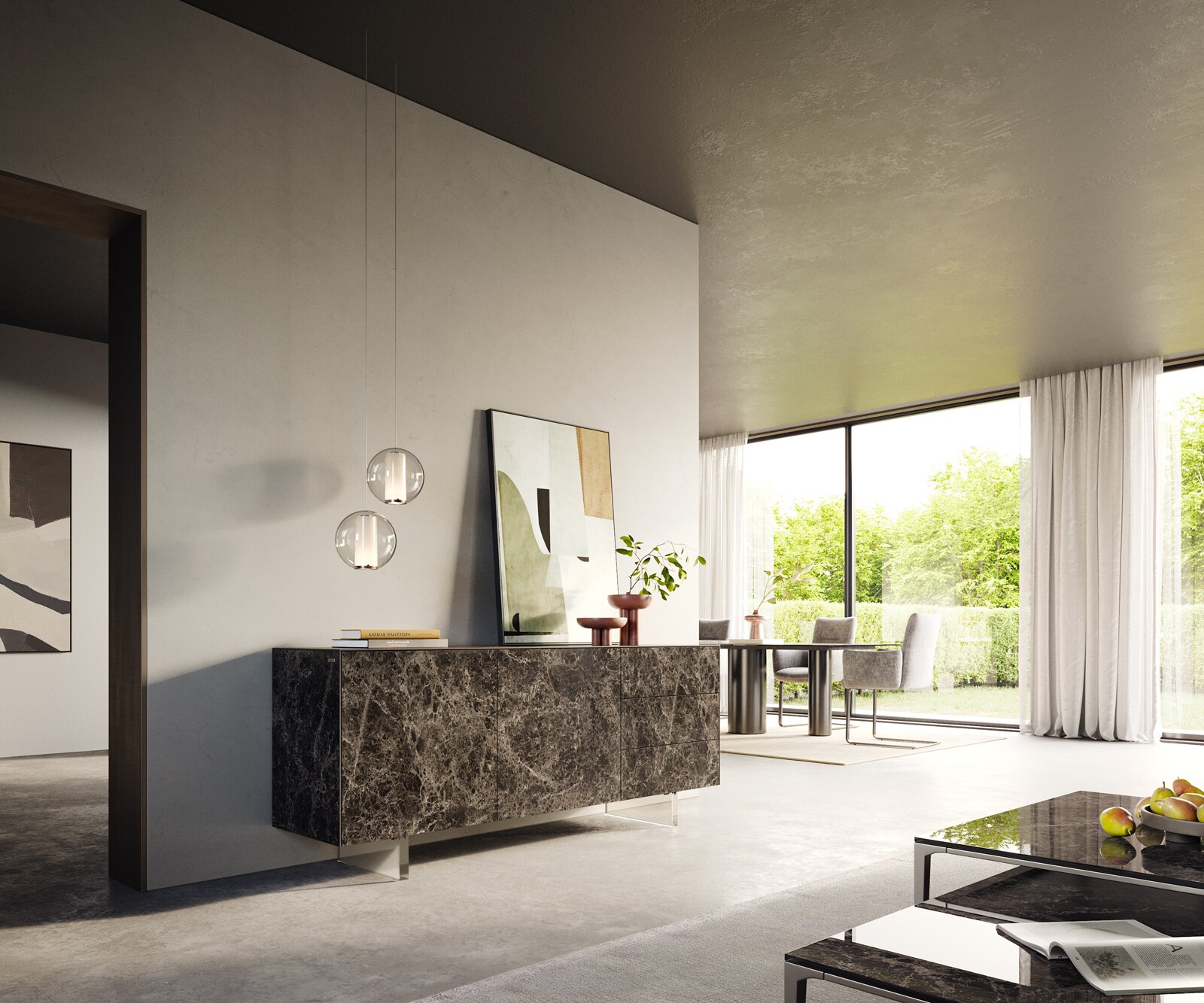 Buffet Cuor 180 cm Céramique Emperador Extra Lucidato brun foncé 2 Portes 3 Tiroirs Pied optique flottant Verre acrylique 6