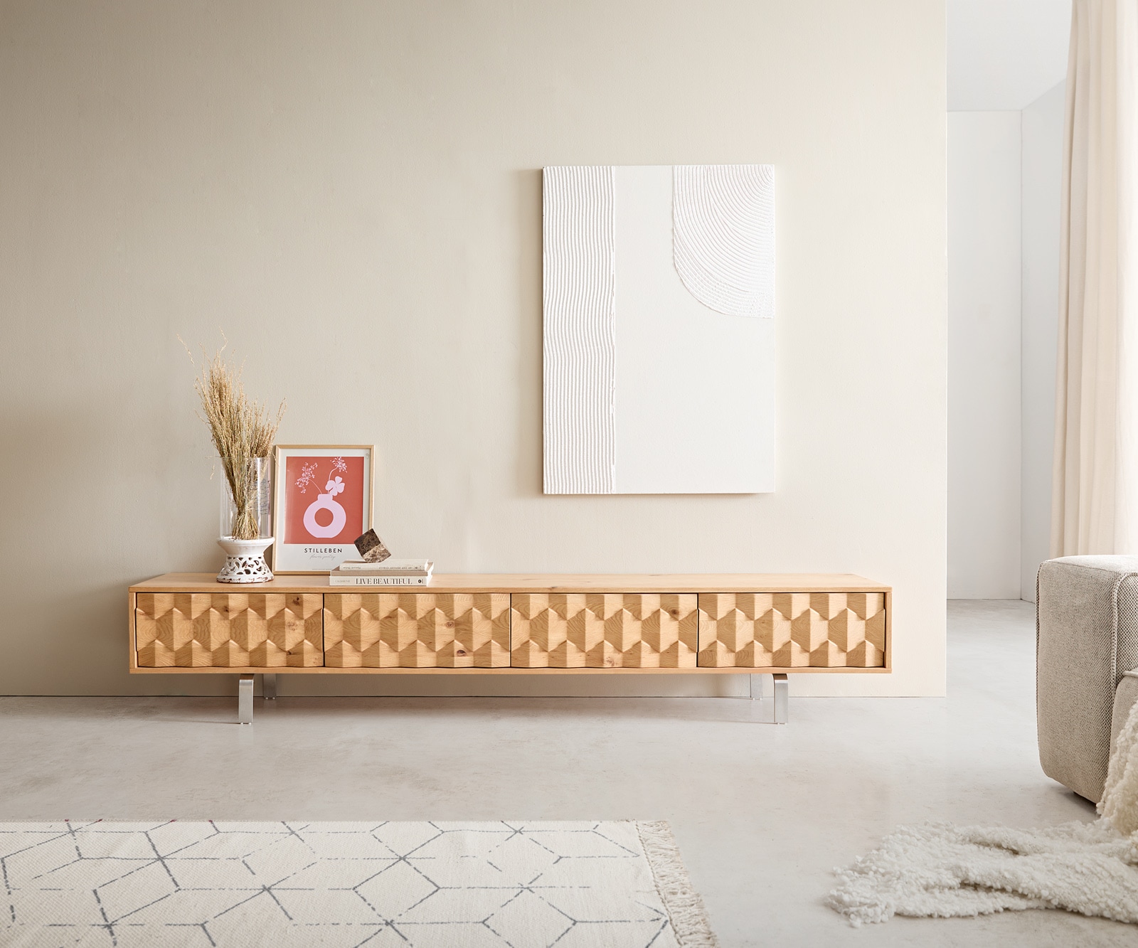 Lowboard Fevo 220 cm Eiche Natur 4 Türen L-Fuß Edelstahl 1 Lowboard Fevo 220 cm Eiche Natur 4 Türen L-Fuß Edelstahl 1