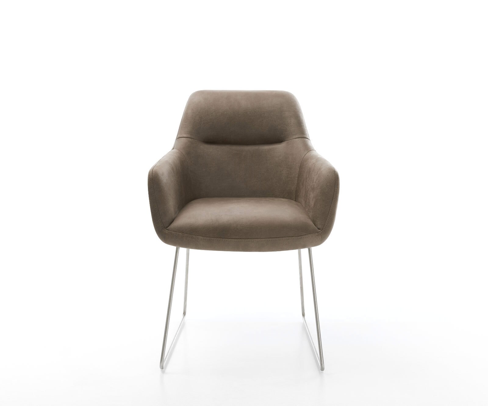 Chaise-de-salle-à-manger Pejo-Flex microvelours taupe vintage pied trapèze acier inoxydable brossé ressorts ensachés 1