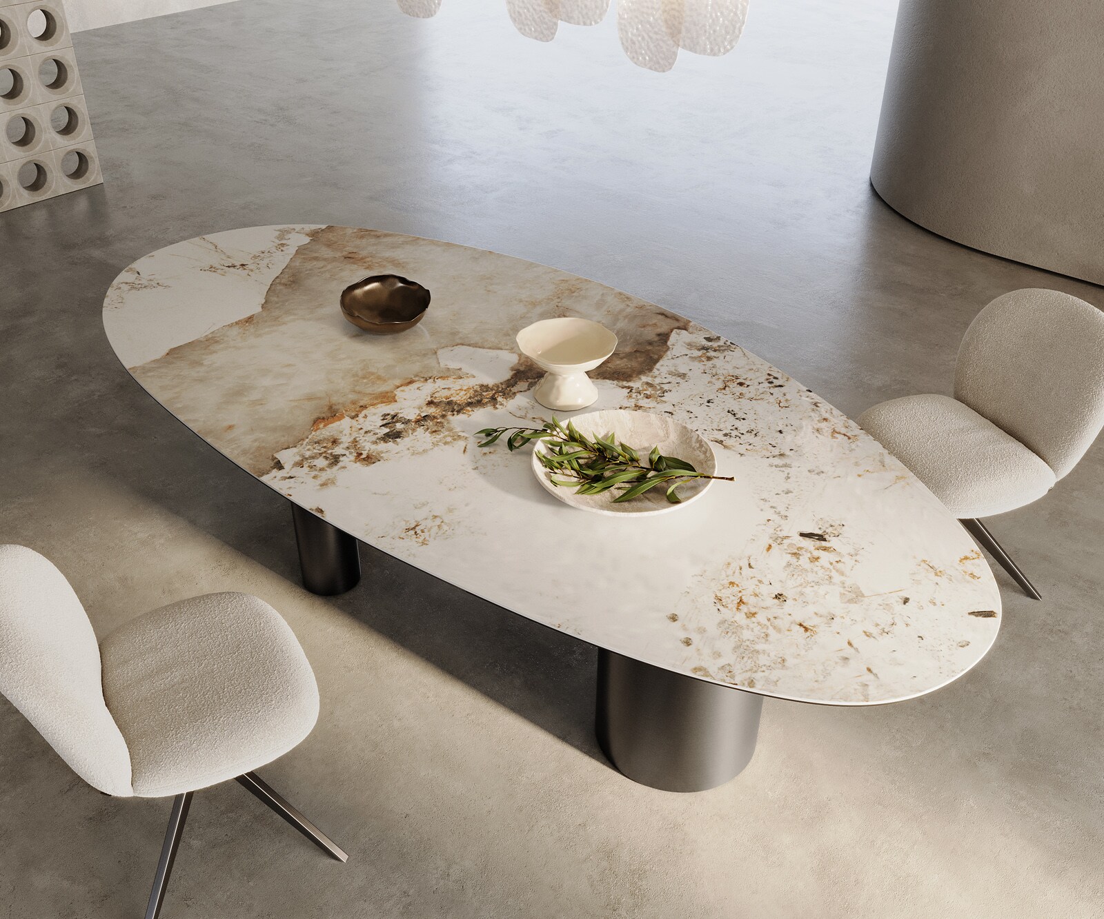 Table à manger Edge Ovale 280x130 Céramique Minas Melange Blanc-Beige Troa Acier inoxydable Graphite 1