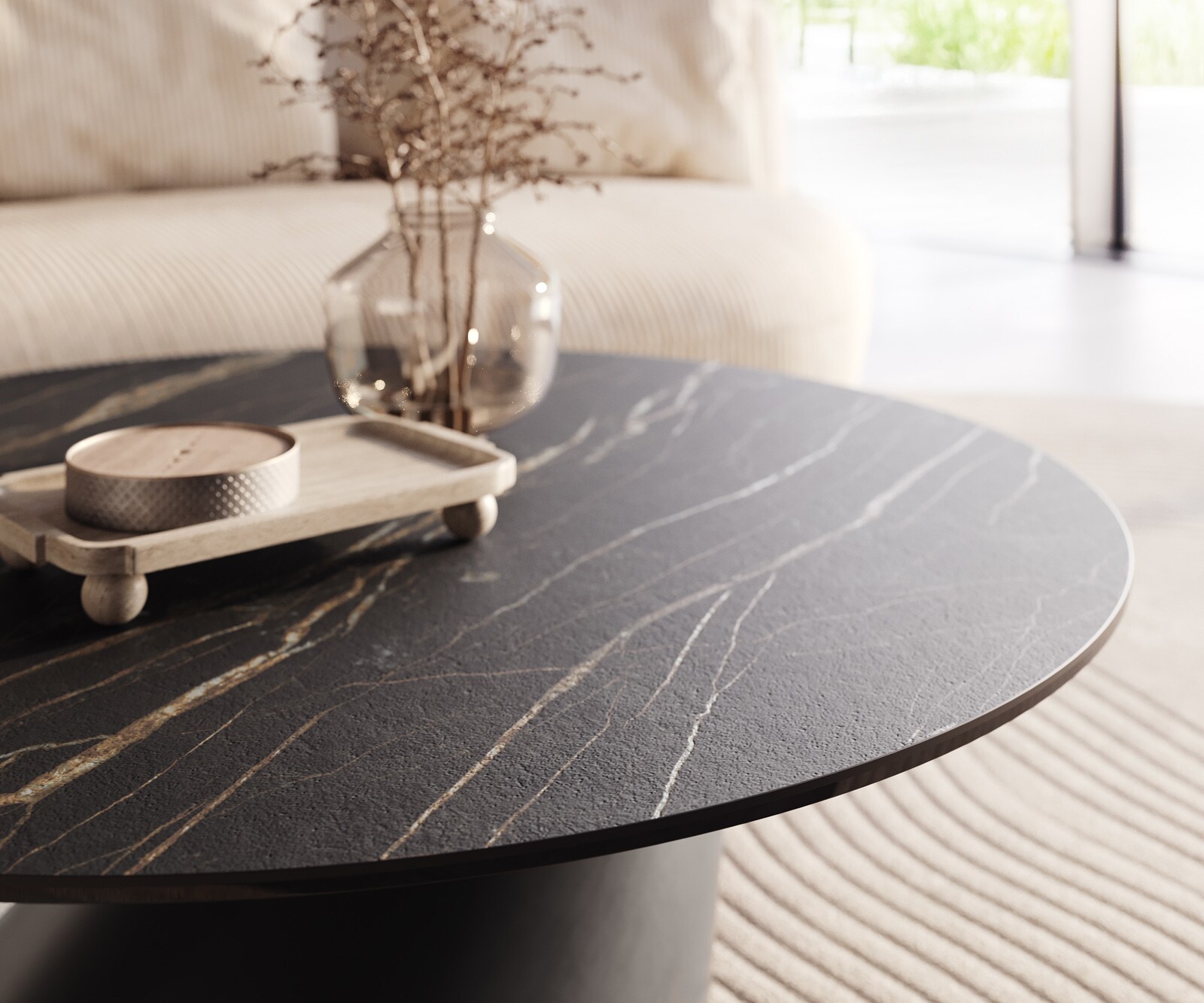 Table basse Edge rond 100x100 cm céramique Laminam® Noir Desir brun Conis métal noir 3