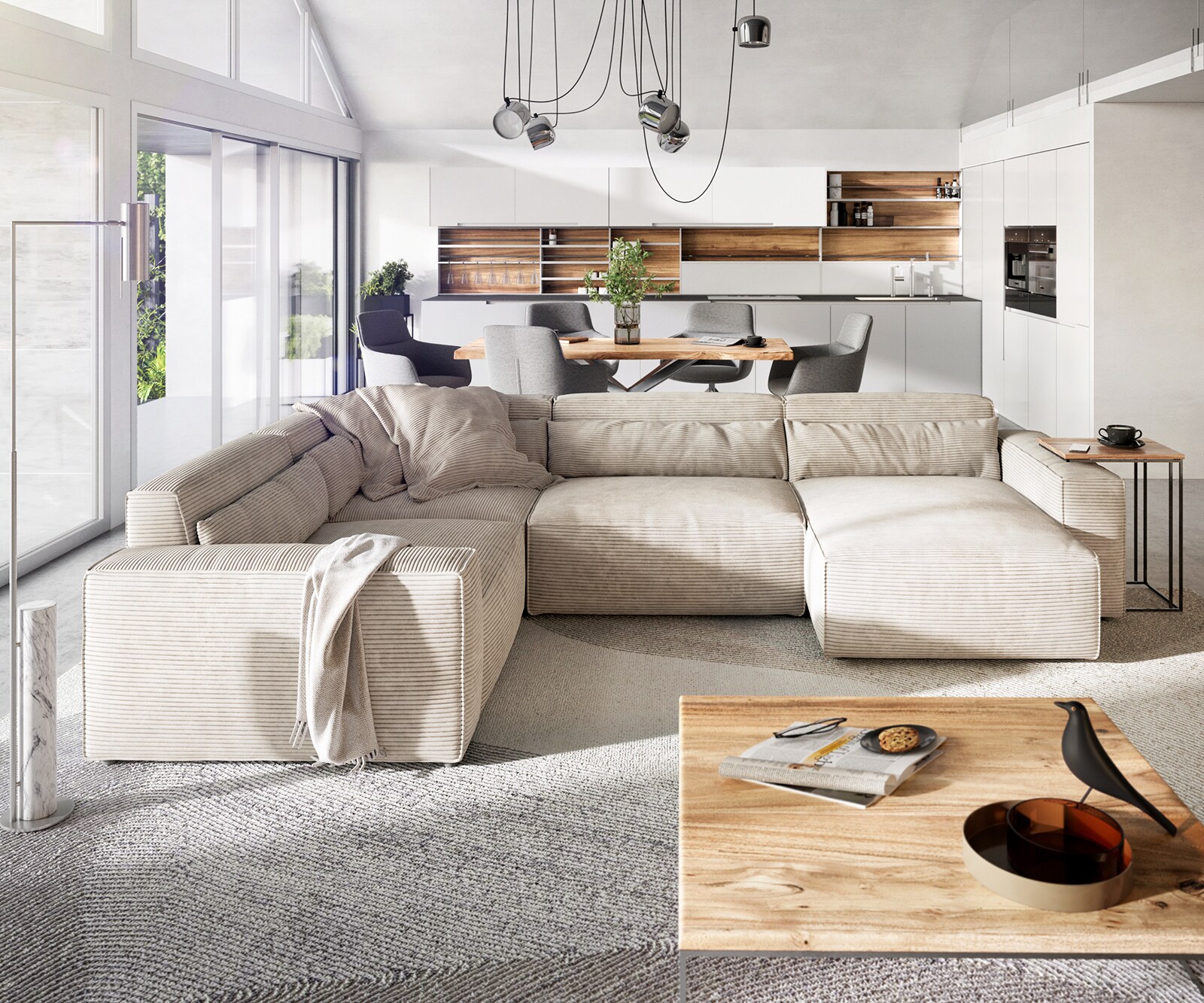 Wohnlandschaft Sirpio 300x210 cm Cord Beige Recamiere variabel 1