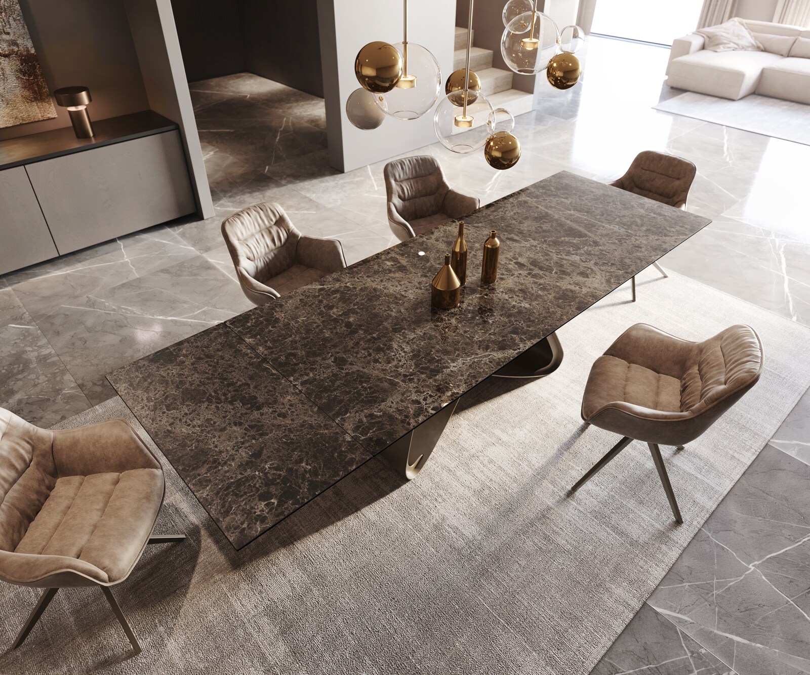 Esstisch Edge 200-300x100 Keramik Emperador Extra Lucidato Dunkelbraun W-Gestell Effektfinish Titan ausziehbar 4
