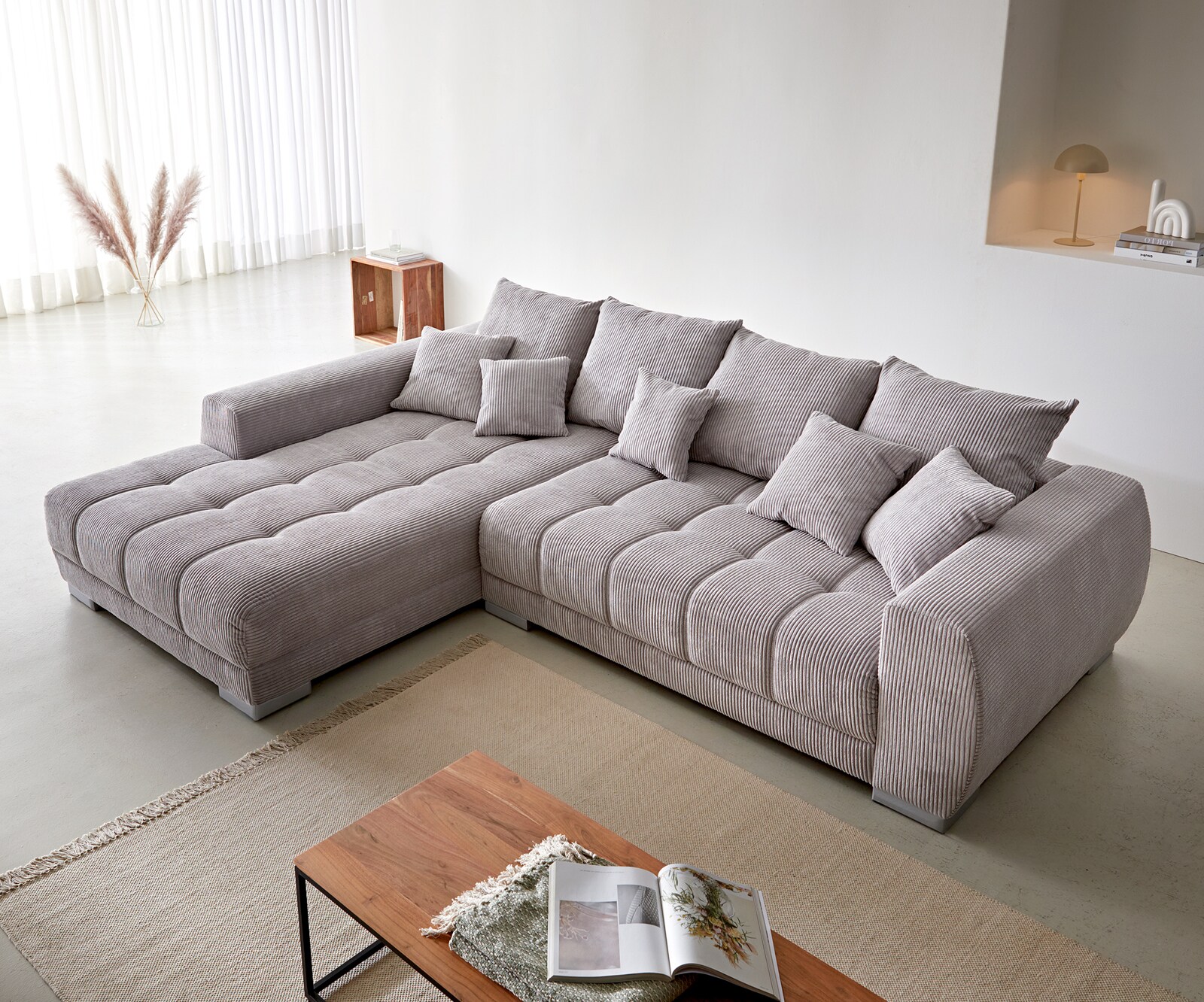 Canapé-d'angle Josea 300x220 cm velours côtelé gris argenté méridiènne gauche 3