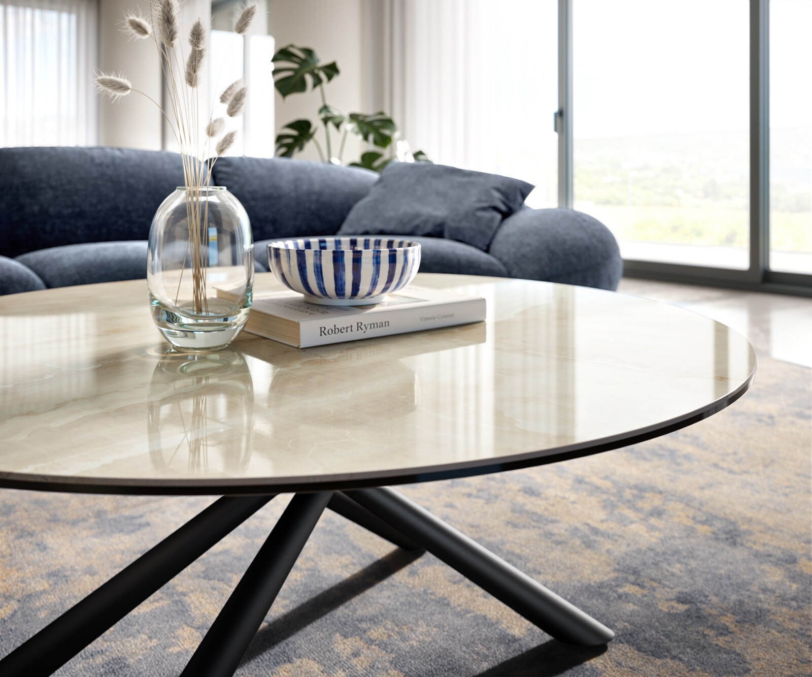 Table basse Edge ronde 100x100 cm céramique Onyx Champagne Sarity métal noir 4