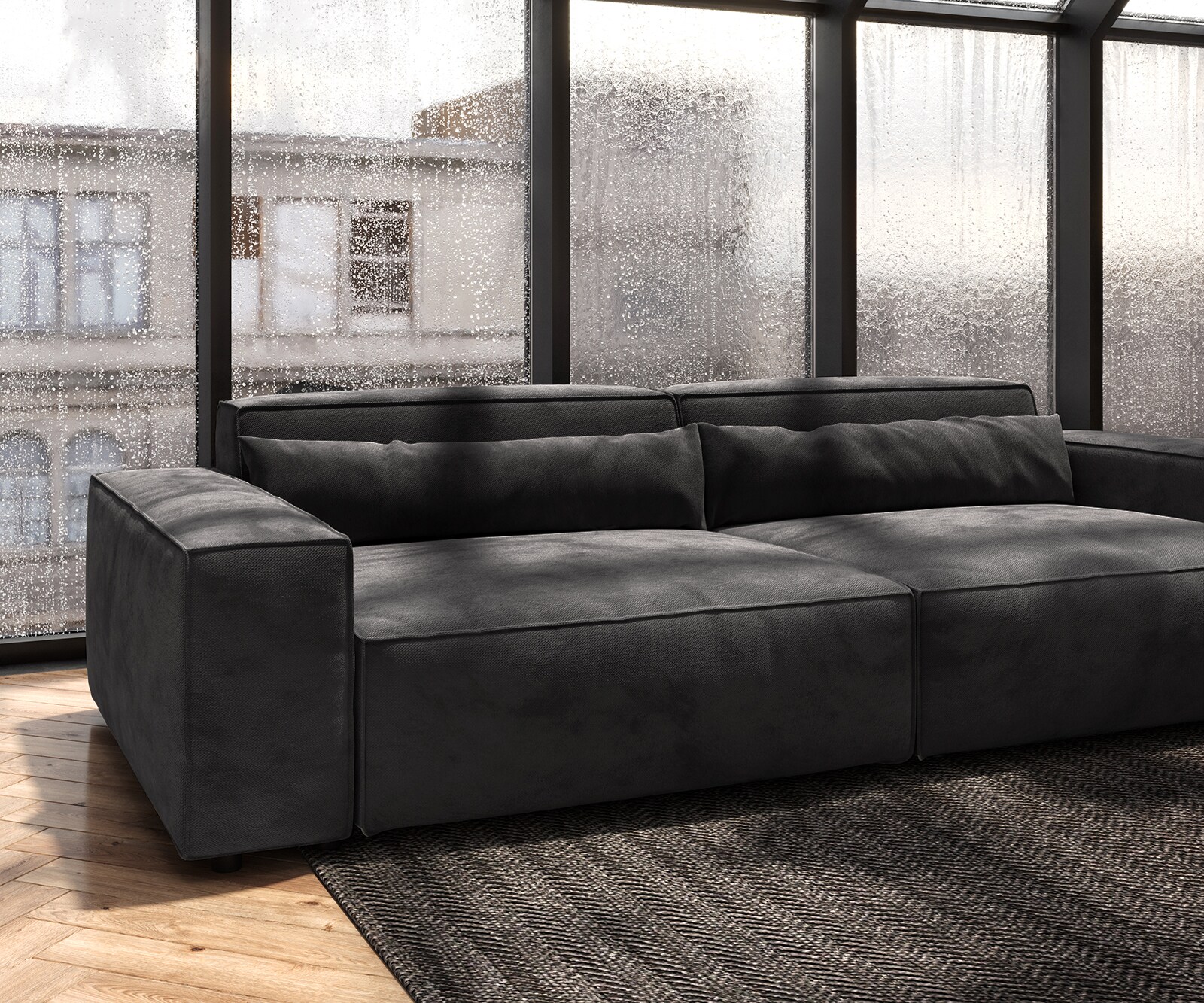Big-Sofa Sirpio XL 270x130 cm Mikrofaser Schwarz mit Hocker 5