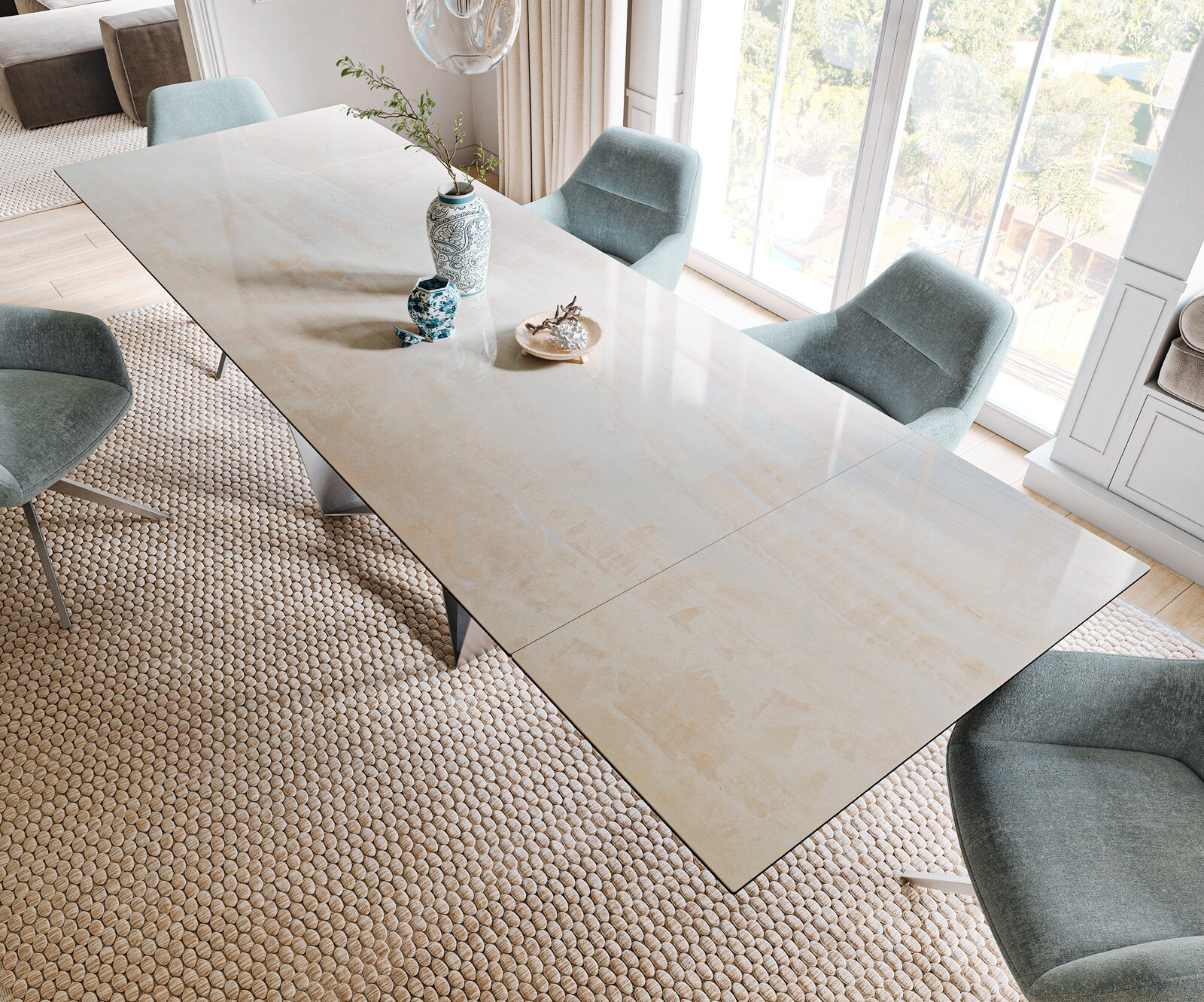 Esstisch Edge 200-300x100 cm Keramik Onyx Champagne Spider Flachstahl Edelstahl ausziehbar 3