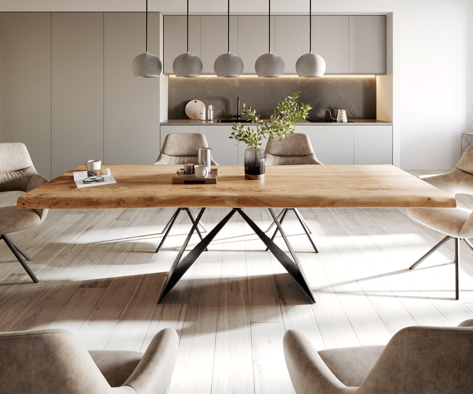 Table à manger Edge 260x100 XL acacia nature cadre en V acier plat noir Live-Edge 2
