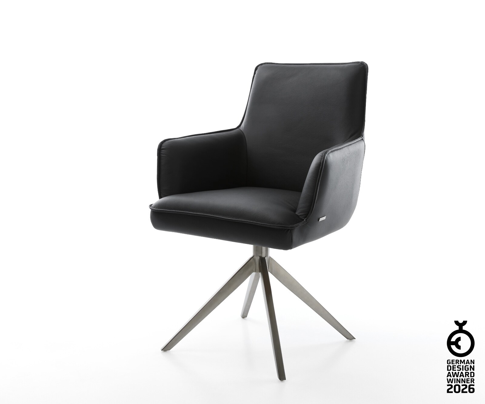 Chaise-pivotante Heira-Flex avec accoudoirs cuir de vache noir pied croisé large grafiete pivotement sur 360° fonction bascule ressorts ensachés