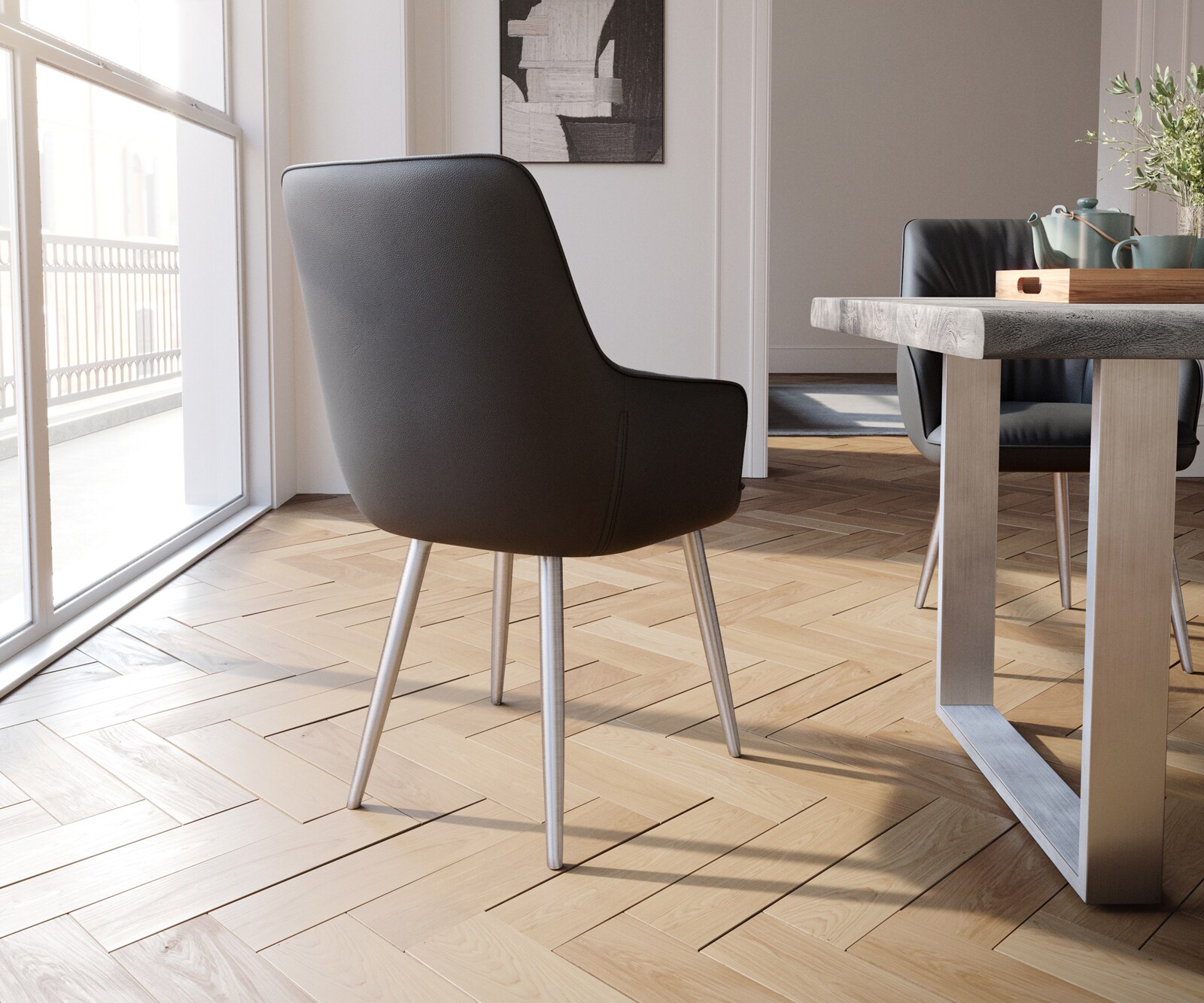 Chaise-de-salle-à-manger Zelia-Flex avec accoudoirs cuir de vache noir 4 pieds coniques acier inoxydable brossé ressorts ensachés 4