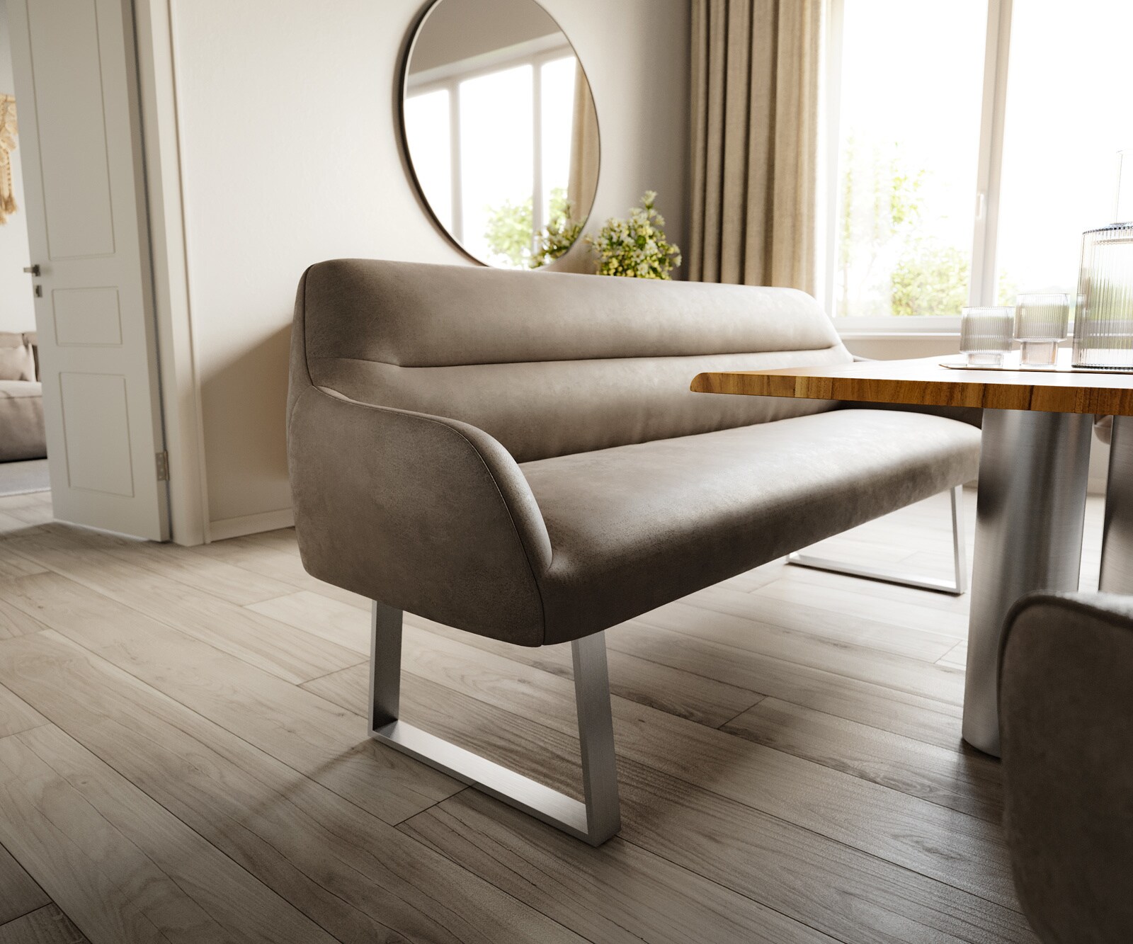 Banc-de-salle-à-manger Taya-Flex 200 cm microfibre taupe vintage piètement à patins angulaire acier inoxydable ressort ensaché 4